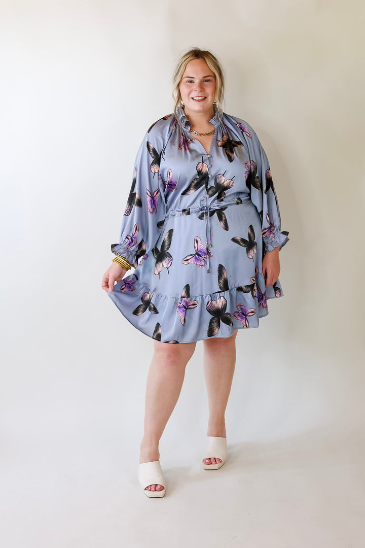 Butterfly Fly Away Half Button Dress with Butterfly Print in Dusty Blue - Giddy Up Glamour Boutique