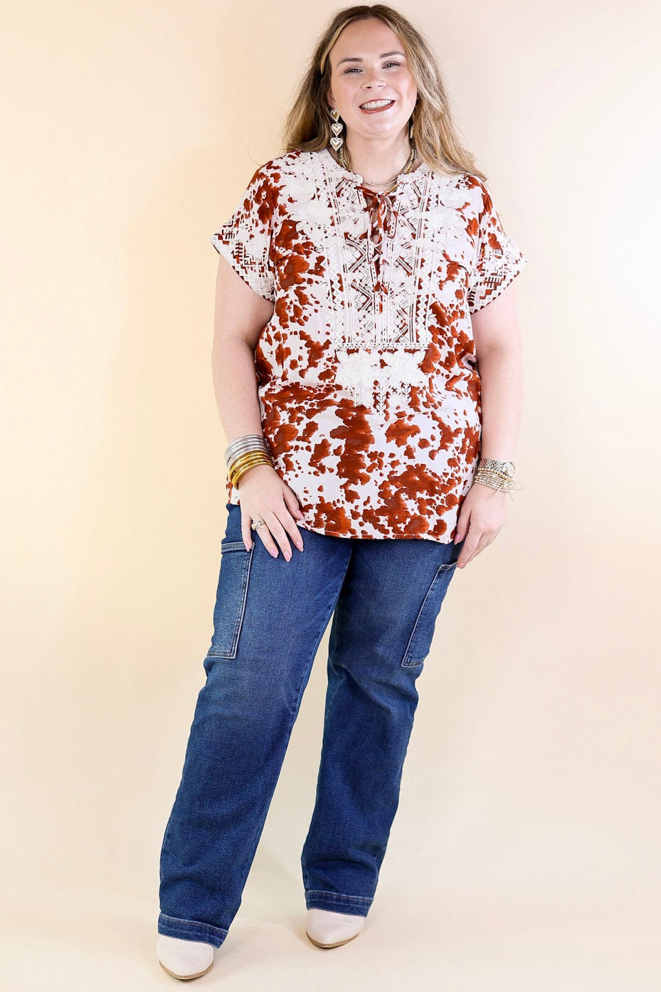 Hear The Applause Embroidered Top in White and Rust Orange