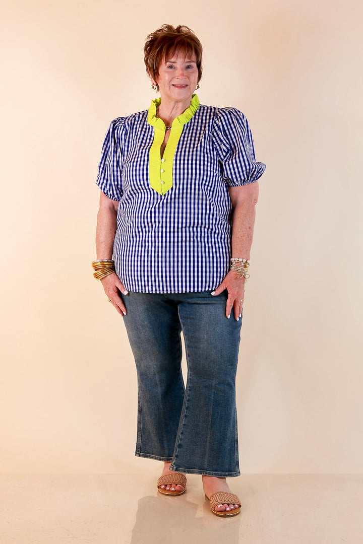 Polished &amp; Playful Short Puff Sleeve Gingham Top with Contrast Lime Green Trim in Royal Blue and White