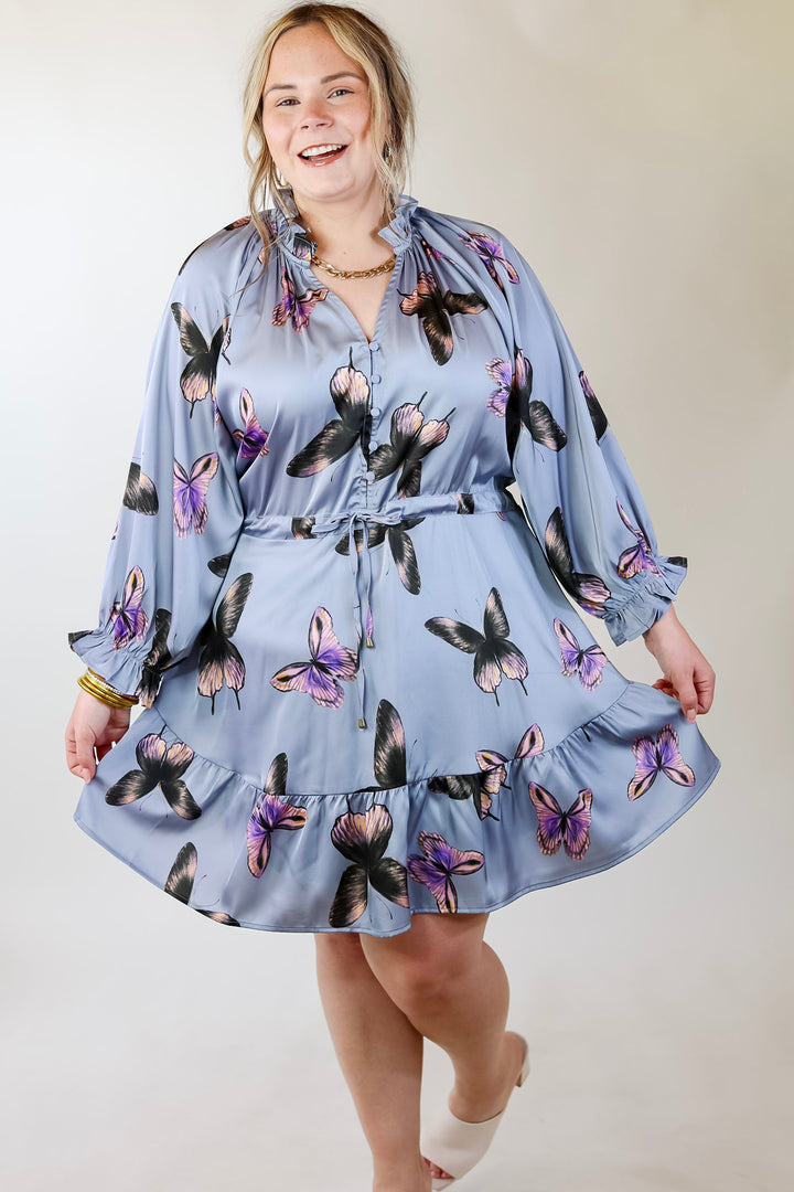 Butterfly Fly Away Half Button Dress with Butterfly Print in Dusty Blue - Giddy Up Glamour Boutique