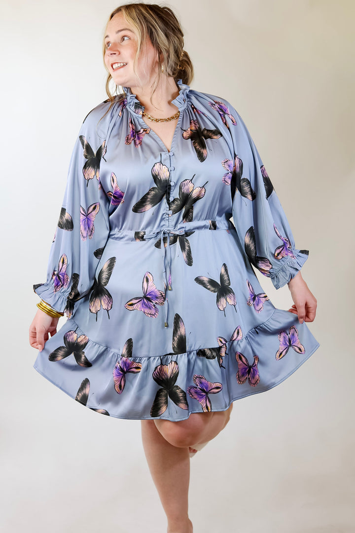 Butterfly Fly Away Half Button Dress with Butterfly Print in Dusty Blue - Giddy Up Glamour Boutique