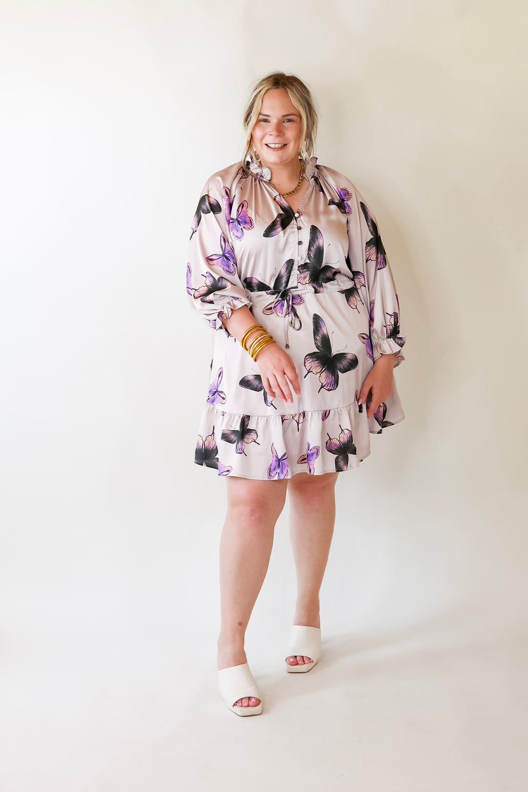 Butterfly Fly Away Half Button Dress with Butterfly Print in Muted Purple - Giddy Up Glamour Boutique