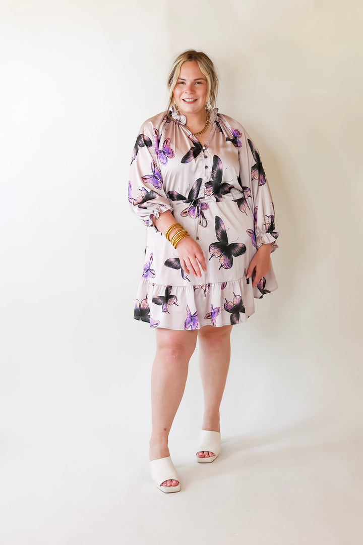 Butterfly Fly Away Half Button Dress with Butterfly Print in Muted Purple - Giddy Up Glamour Boutique