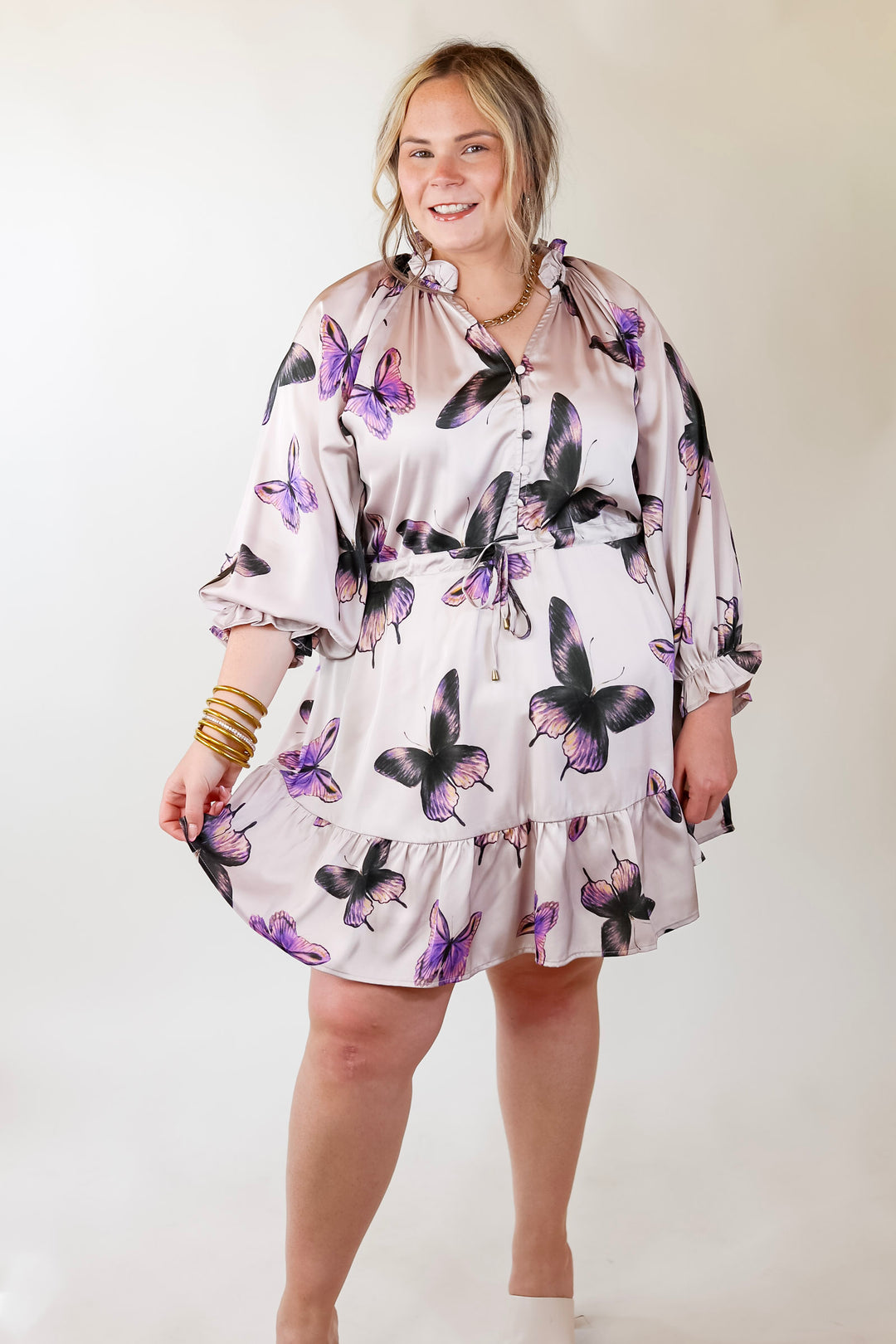 Butterfly Fly Away Half Button Dress with Butterfly Print in Muted Purple - Giddy Up Glamour Boutique