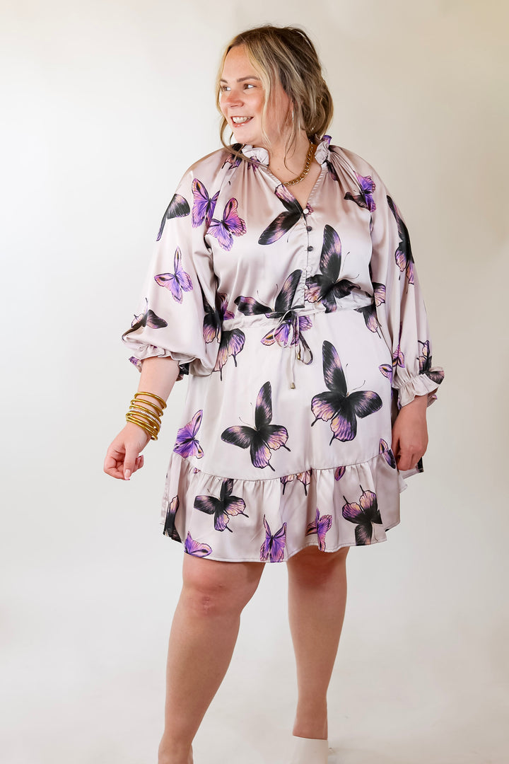 Butterfly Fly Away Half Button Dress with Butterfly Print in Muted Purple - Giddy Up Glamour Boutique