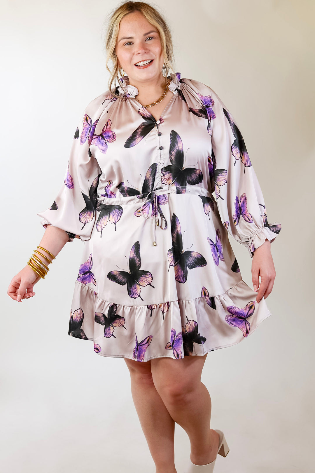 Butterfly Fly Away Half Button Dress with Butterfly Print in Muted Purple - Giddy Up Glamour Boutique