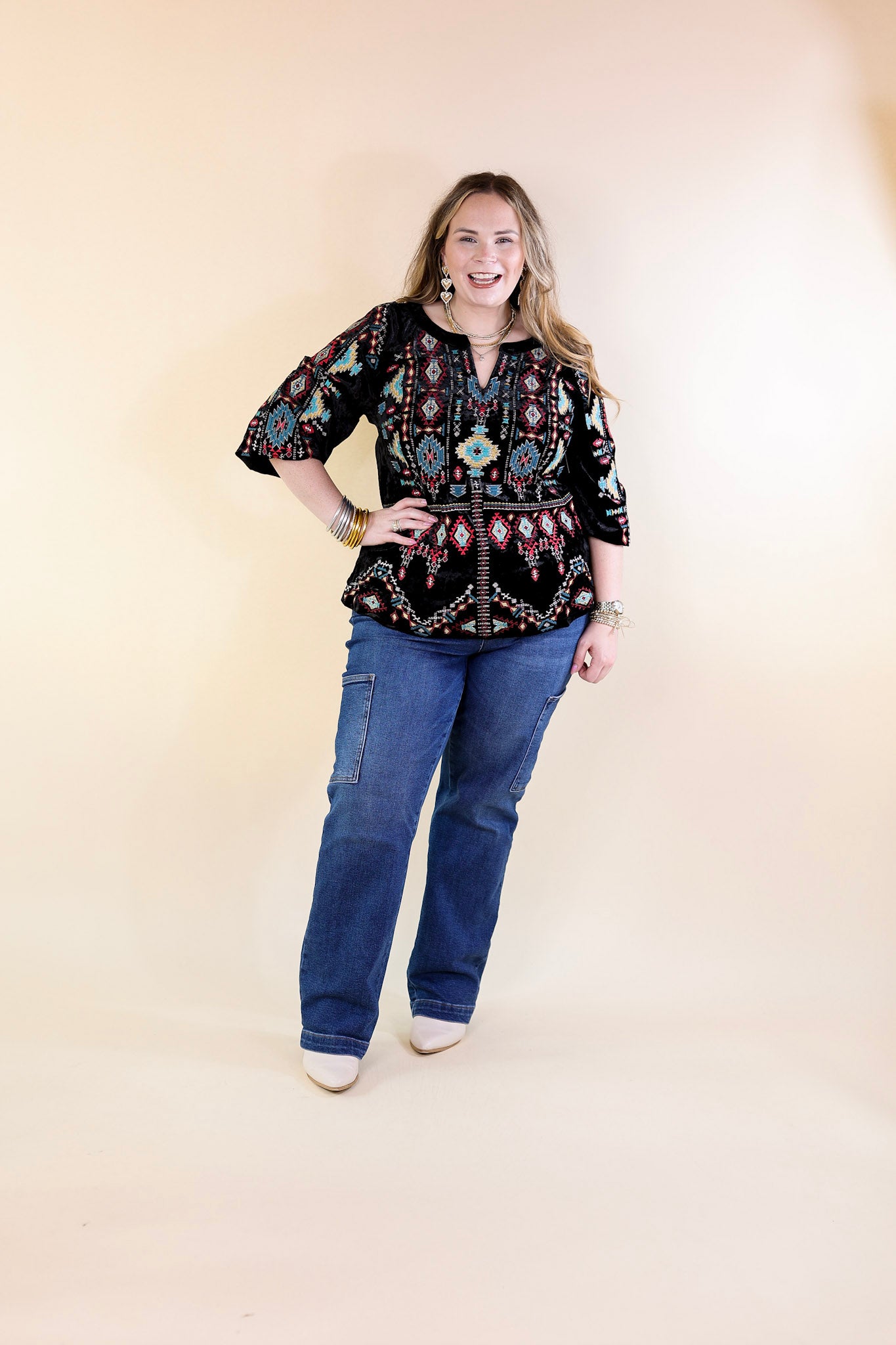 Divine Life Aztec Embroidered Velvet Top with 3/4 Sleeves in Black