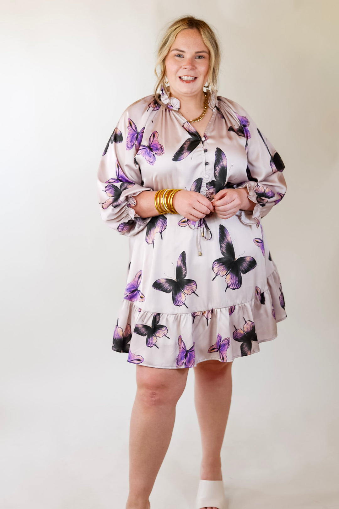 Butterfly Fly Away Half Button Dress with Butterfly Print in Muted Purple - Giddy Up Glamour Boutique