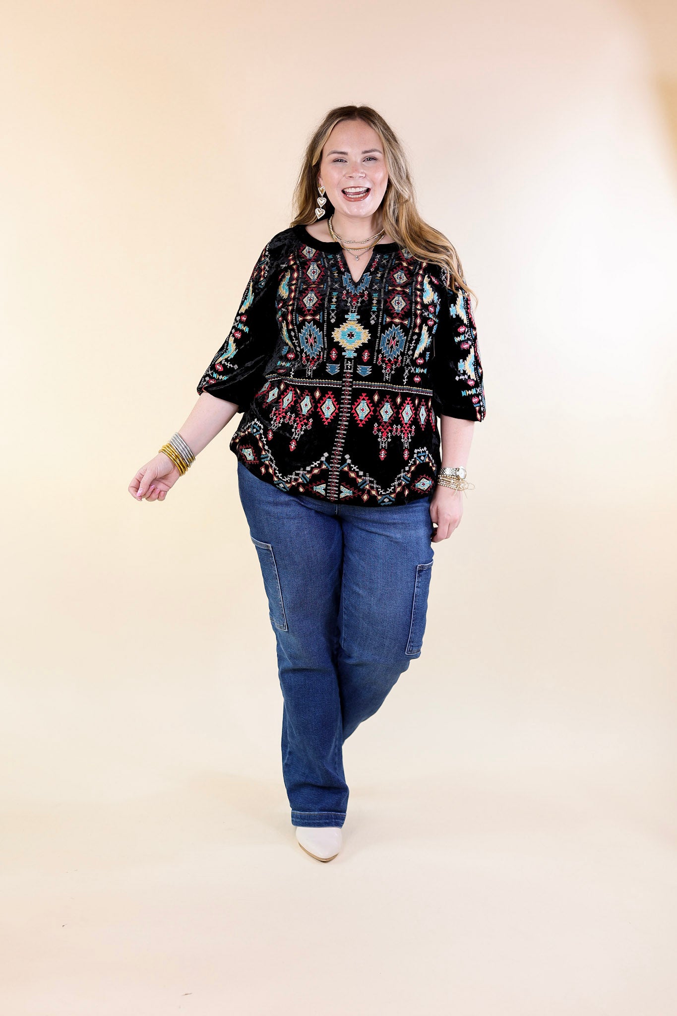 Divine Life Aztec Embroidered Velvet Top with 3/4 Sleeves in Black