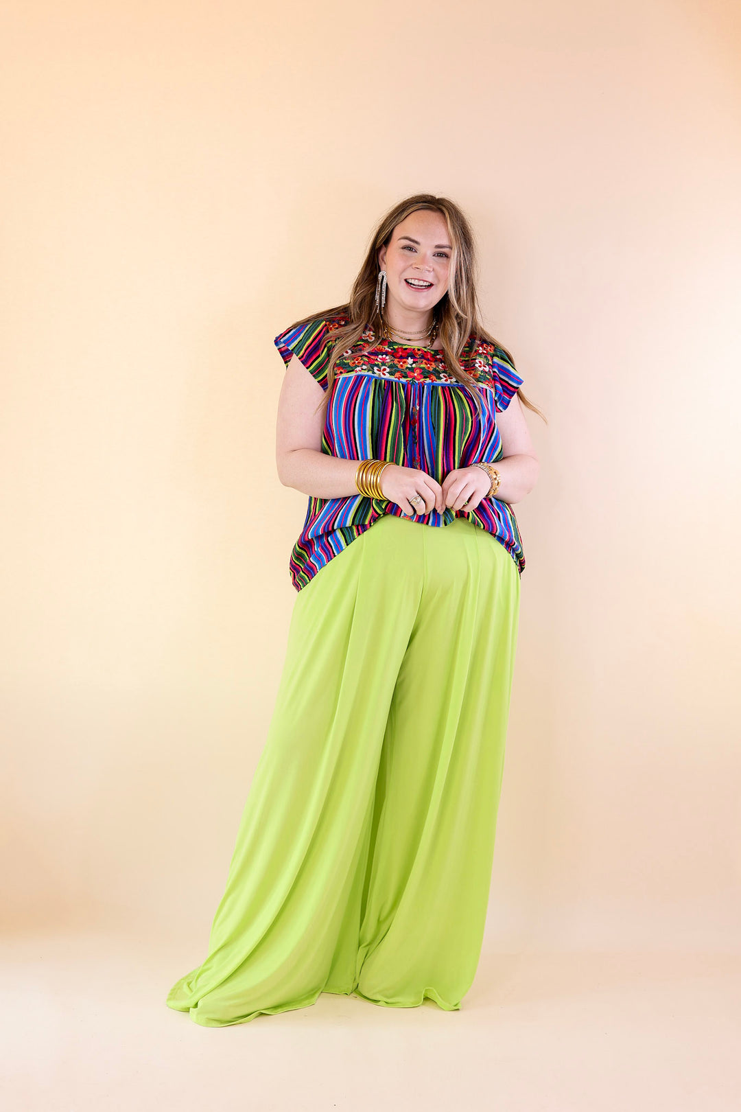 Lajitas Lady Striped Babydoll Top with Floral Embroidery in Green Mix - Giddy Up Glamour Boutique