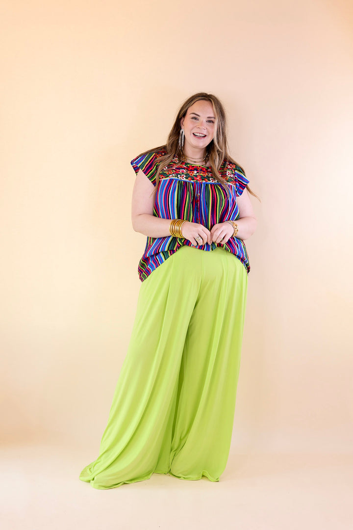 Lajitas Lady Striped Babydoll Top with Floral Embroidery in Green Mix - Giddy Up Glamour Boutique