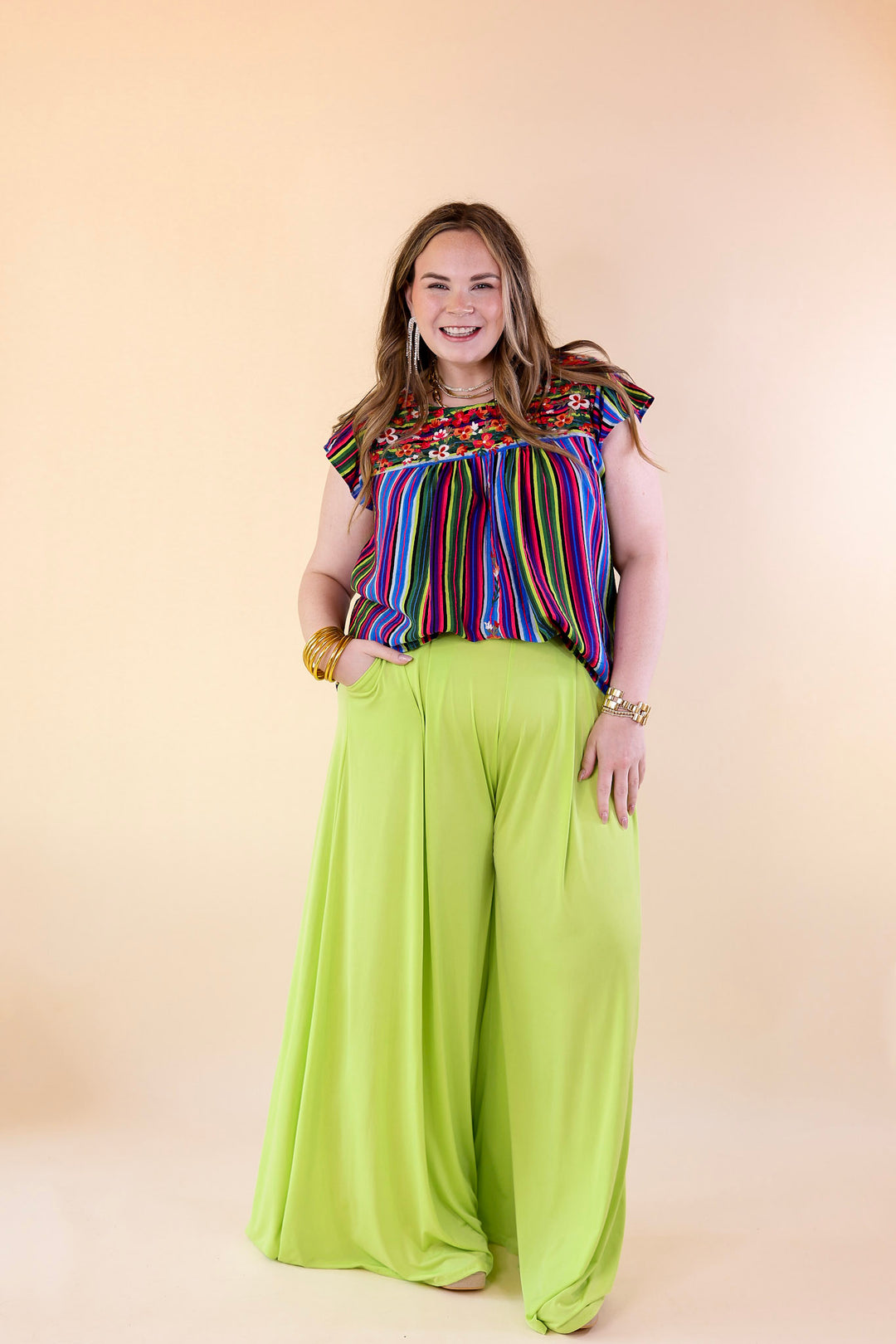 Lajitas Lady Striped Babydoll Top with Floral Embroidery in Green Mix - Giddy Up Glamour Boutique