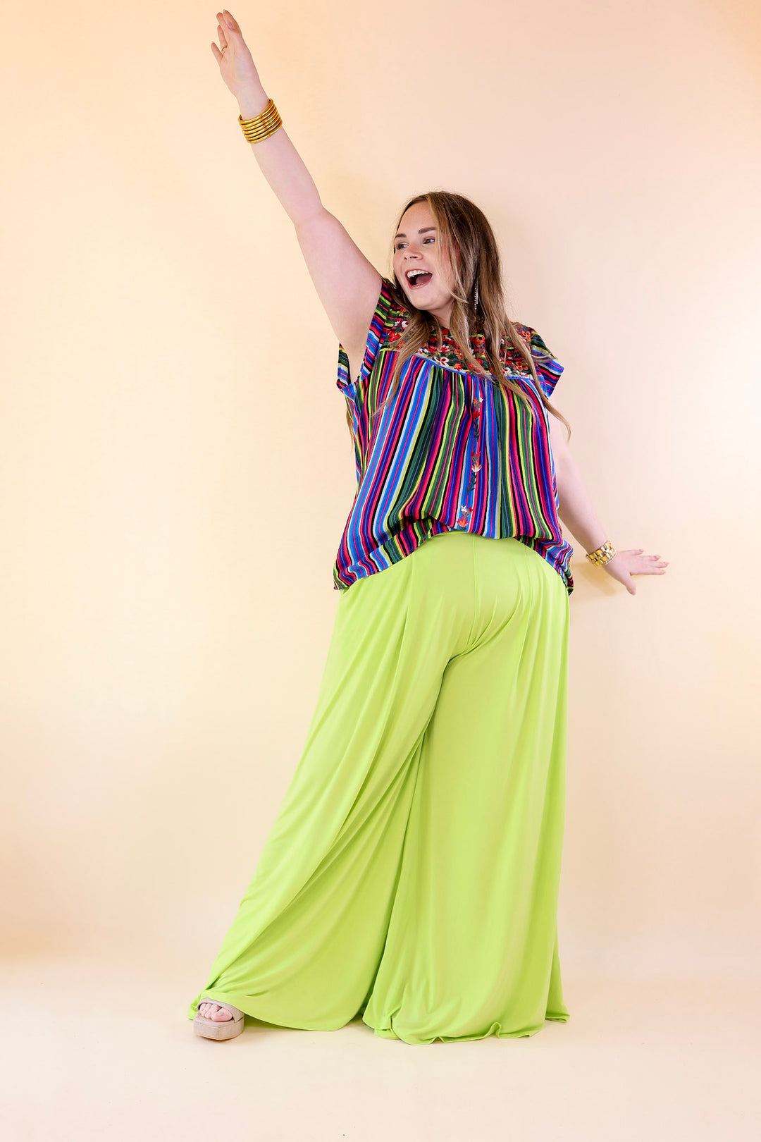 Lajitas Lady Striped Babydoll Top with Floral Embroidery in Green Mix - Giddy Up Glamour Boutique