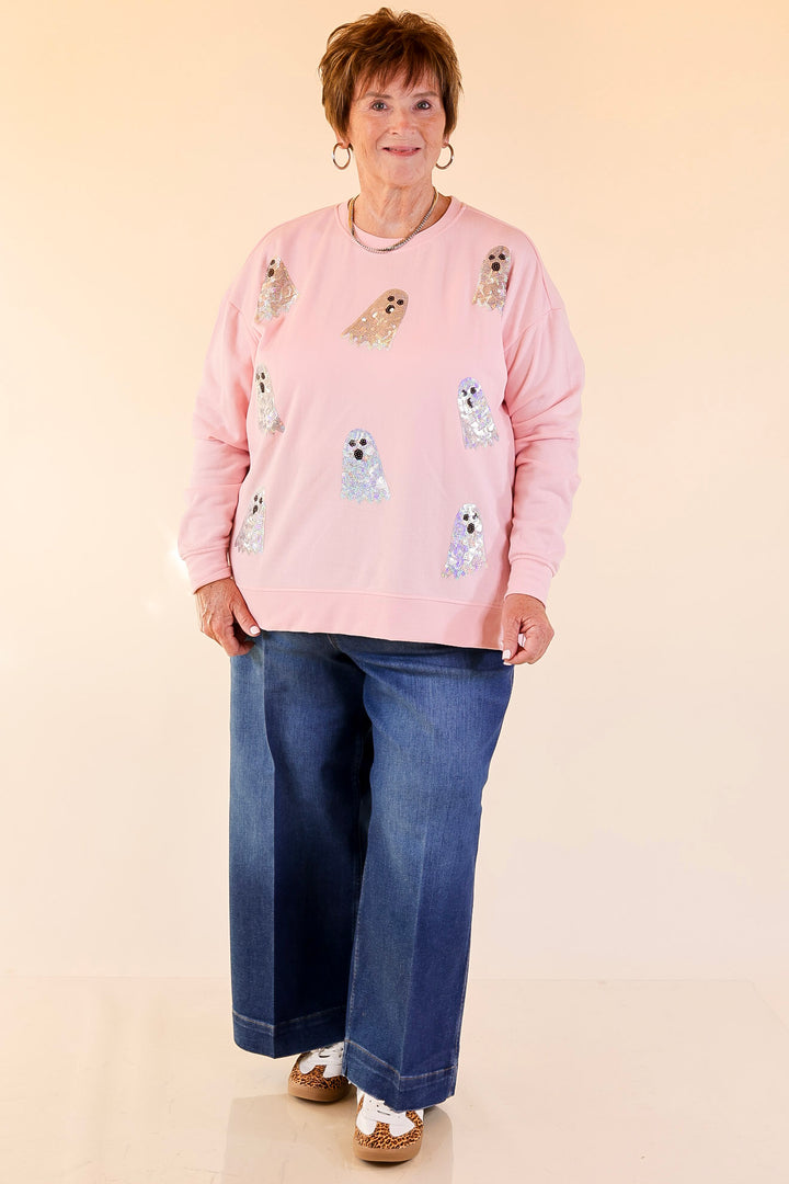 Mud Pie | Too Cute to Spook Crew Neck Sweatshirt with Side Slits and Sequin Ghosts in Pink