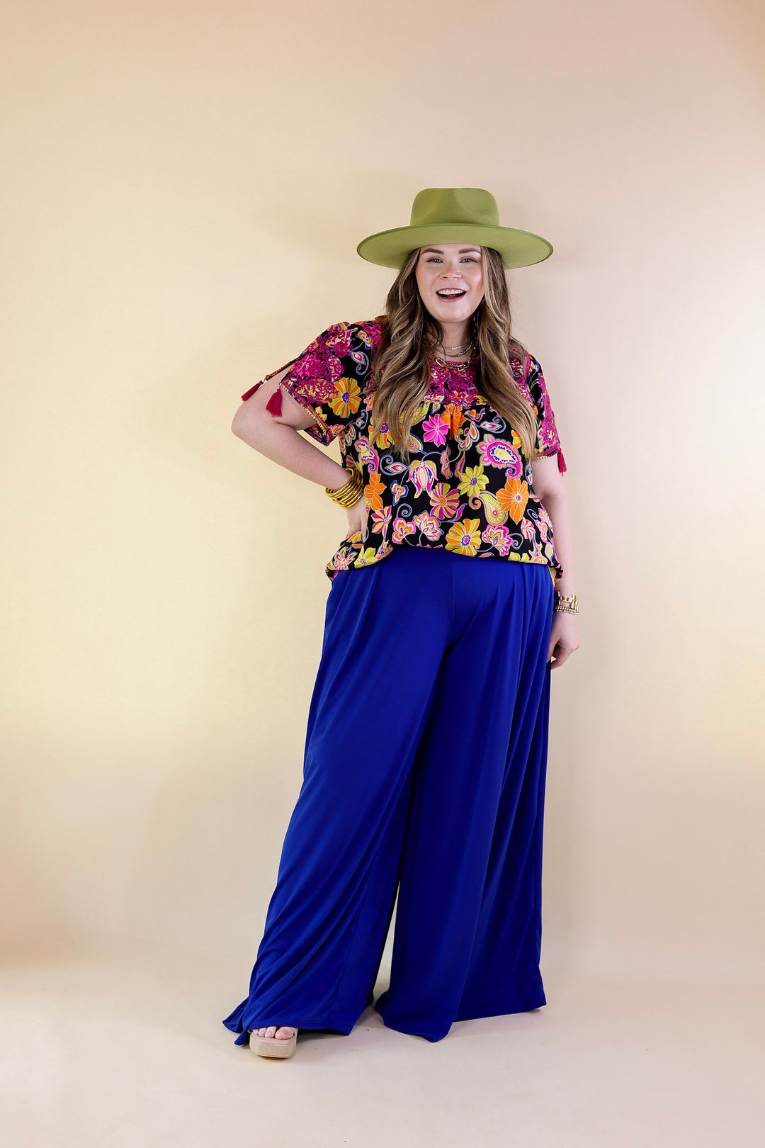 Sweet And Charming Paisley and Floral Print Top with Purple Floral Embroidery in Black - Giddy Up Glamour Boutique