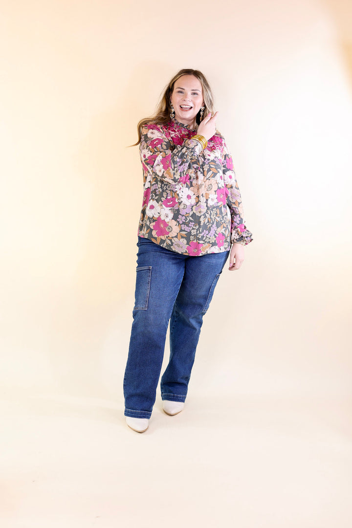 Last Chance Size Small & Medium | My Dearest Darling Floral Embroidered Long Sleeve Top in Olive Green