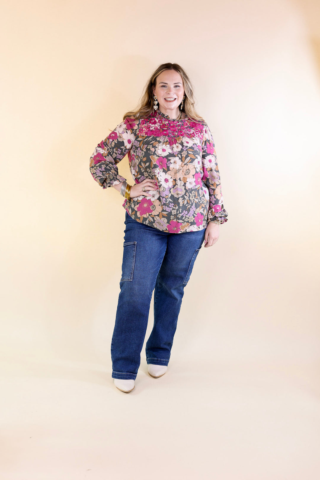 Last Chance Size Small & Medium | My Dearest Darling Floral Embroidered Long Sleeve Top in Olive Green