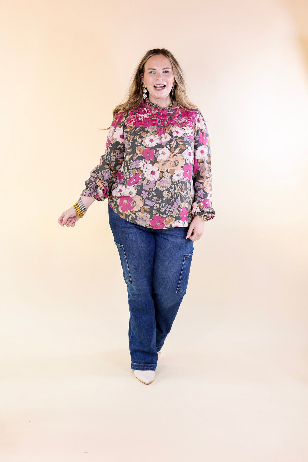 Last Chance Size Small & Medium | My Dearest Darling Floral Embroidered Long Sleeve Top in Olive Green