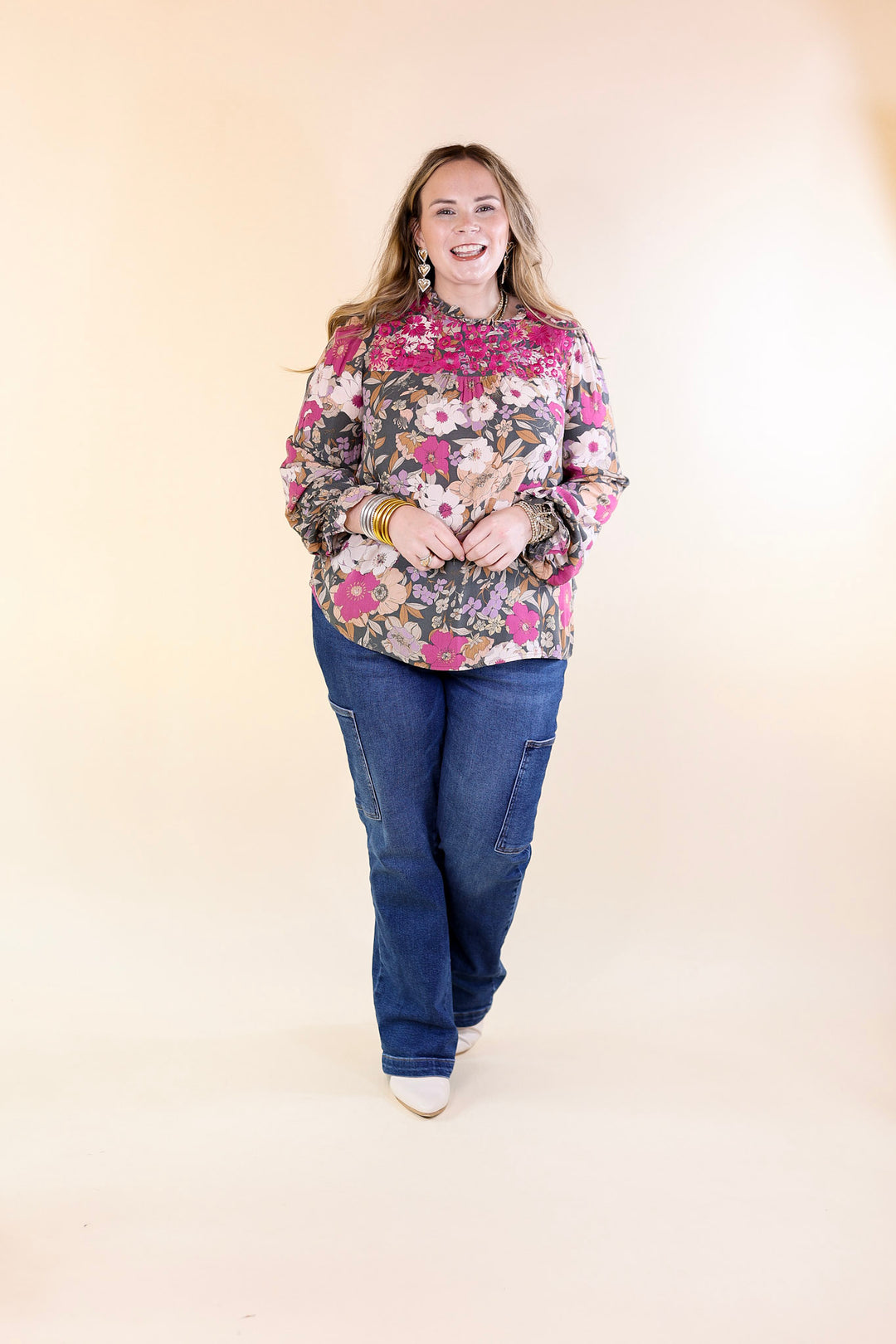 Last Chance Size Small & Medium | My Dearest Darling Floral Embroidered Long Sleeve Top in Olive Green