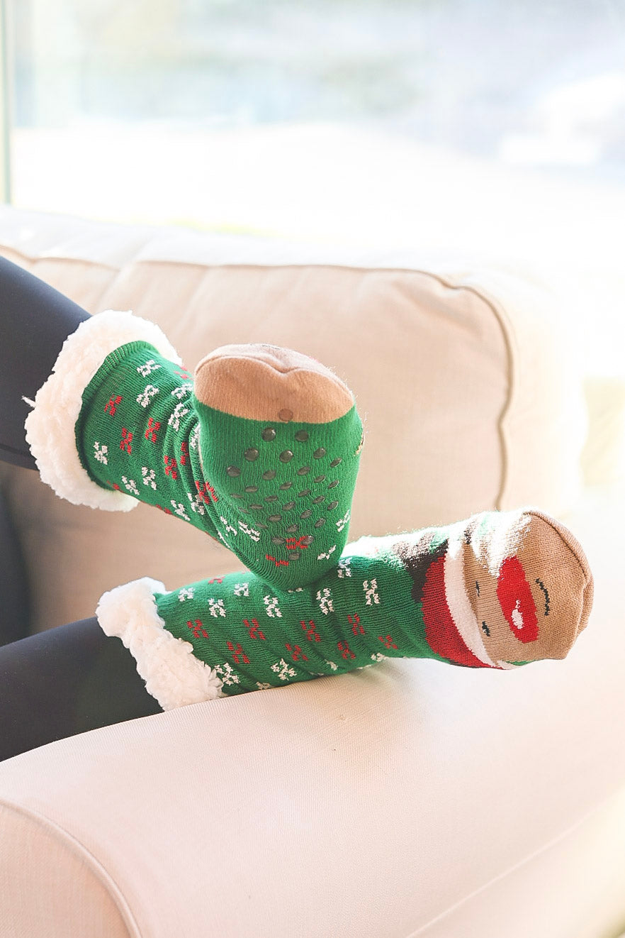 Plush Sherpa Reindeer Slipper Socks in Green