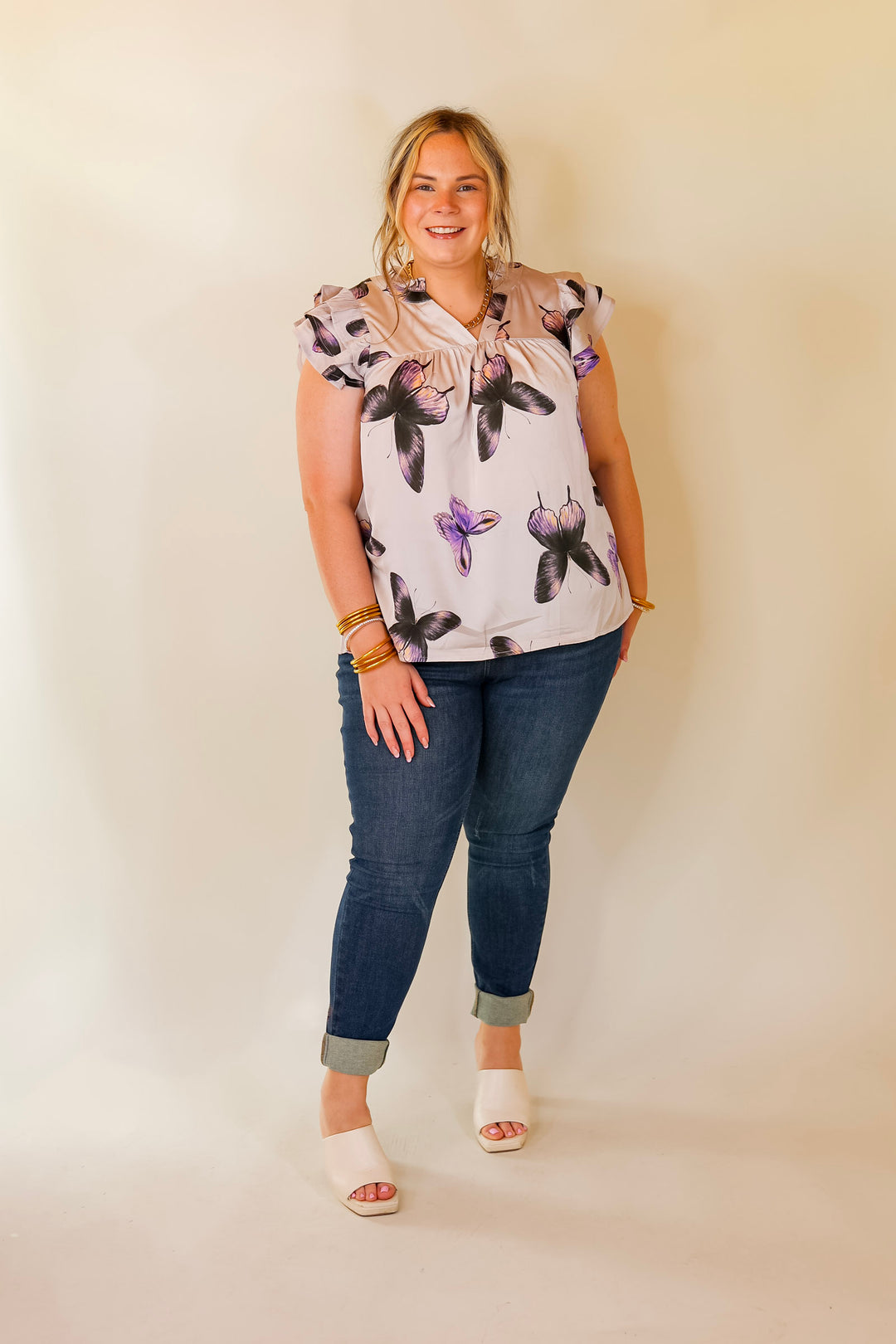 Butterfly Fly Away Top with Butterfly Print in Muted Purple - Giddy Up Glamour Boutique