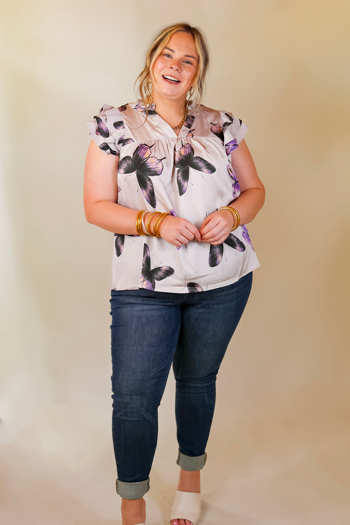 Butterfly Fly Away Top with Butterfly Print in Muted Purple - Giddy Up Glamour Boutique
