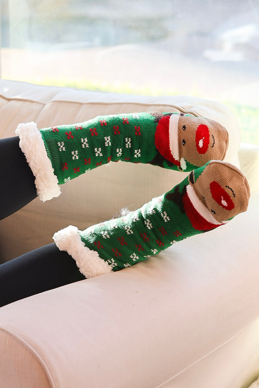 Plush Sherpa Reindeer Slipper Socks in Green