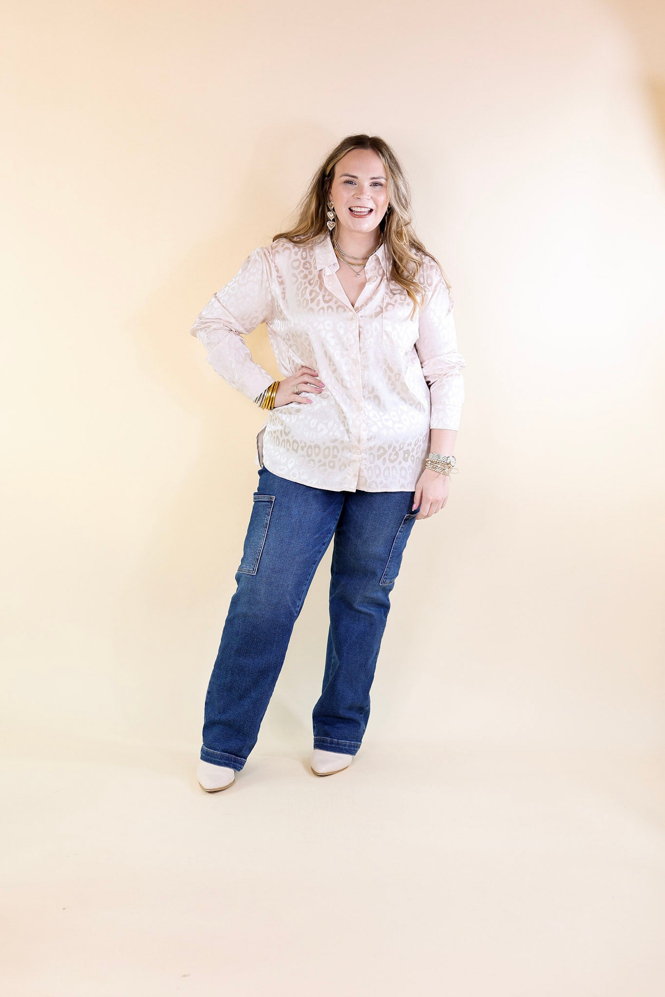 Top It Off Long Sleeve Button Up Satin Leopard Print Top in Ivory