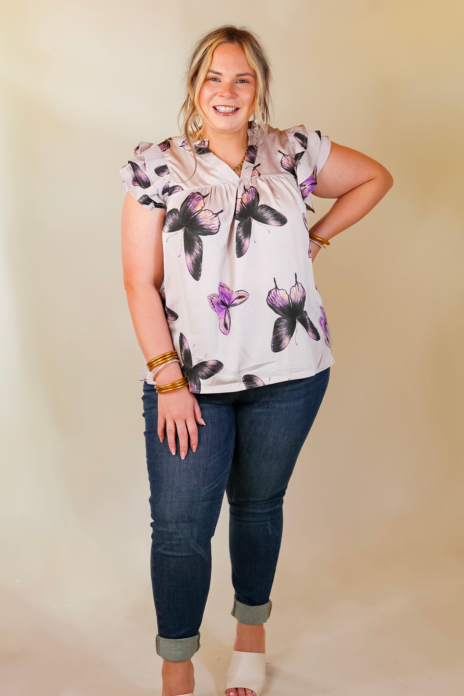 Butterfly Fly Away Top with Butterfly Print in Muted Purple - Giddy Up Glamour Boutique