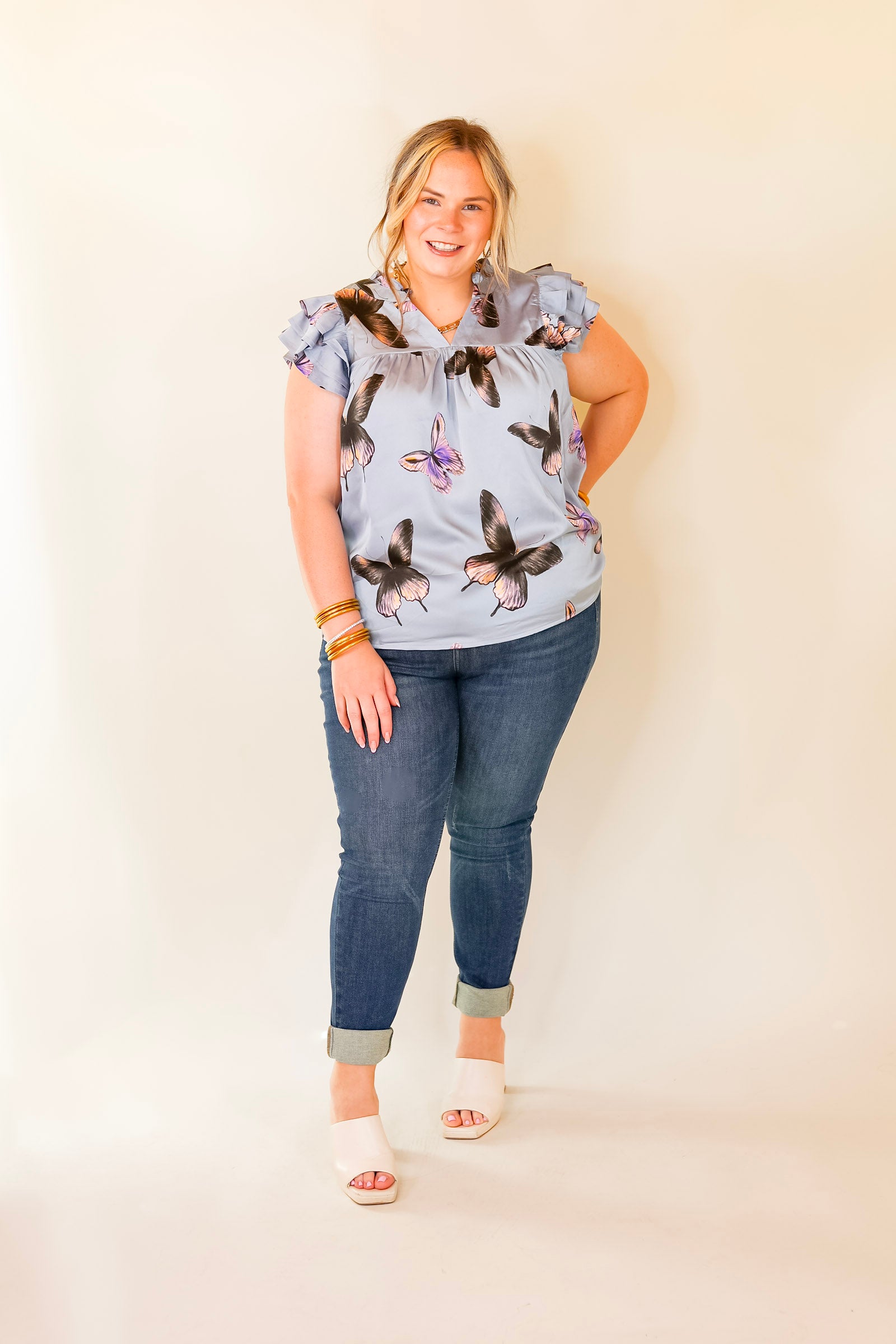 Butterfly Fly Away Top with Butterfly Print in Muted Blue - Giddy Up Glamour Boutique