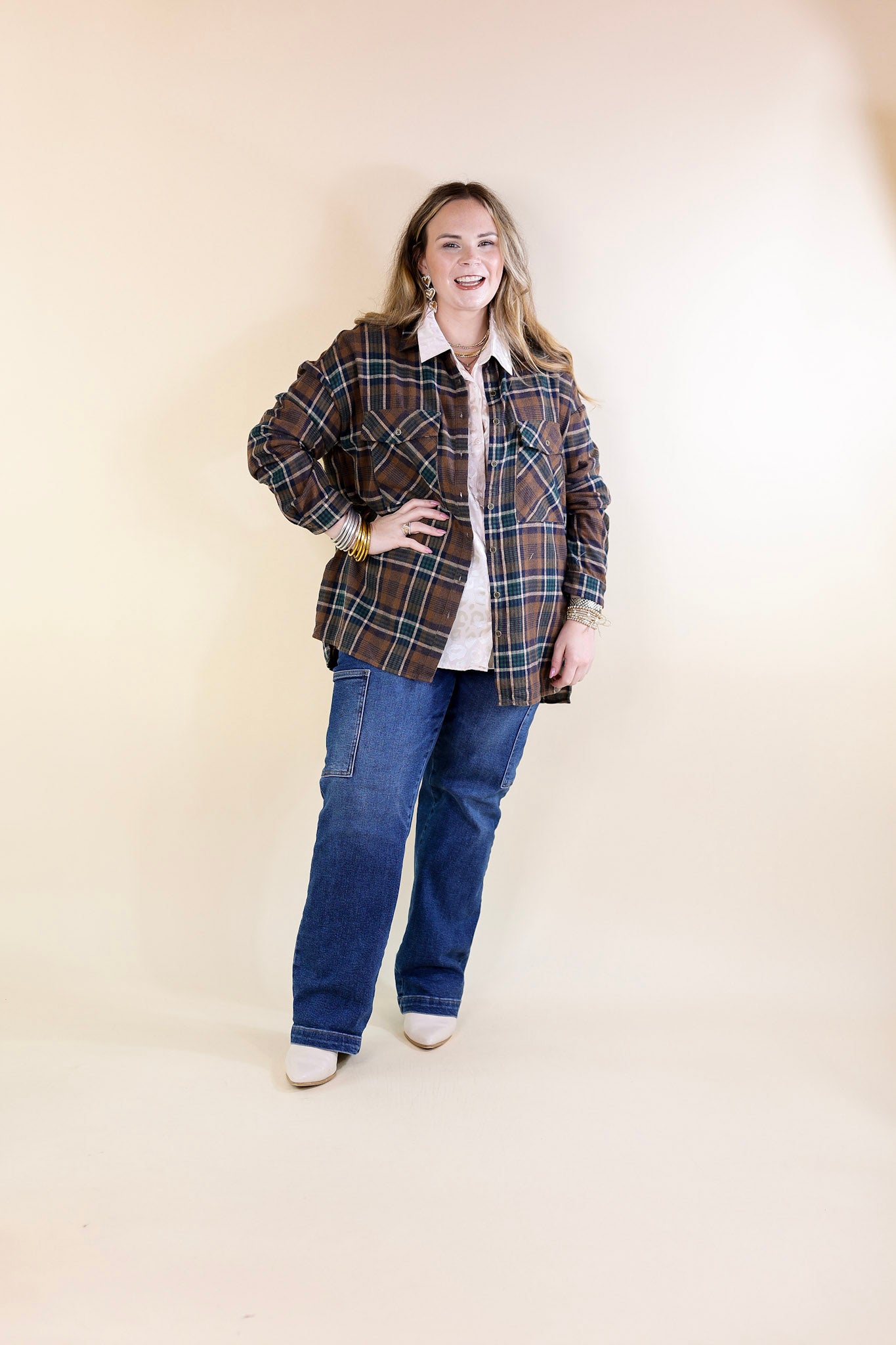 My Next Move Button Up Plaid Flannel Top in Mocha Brown