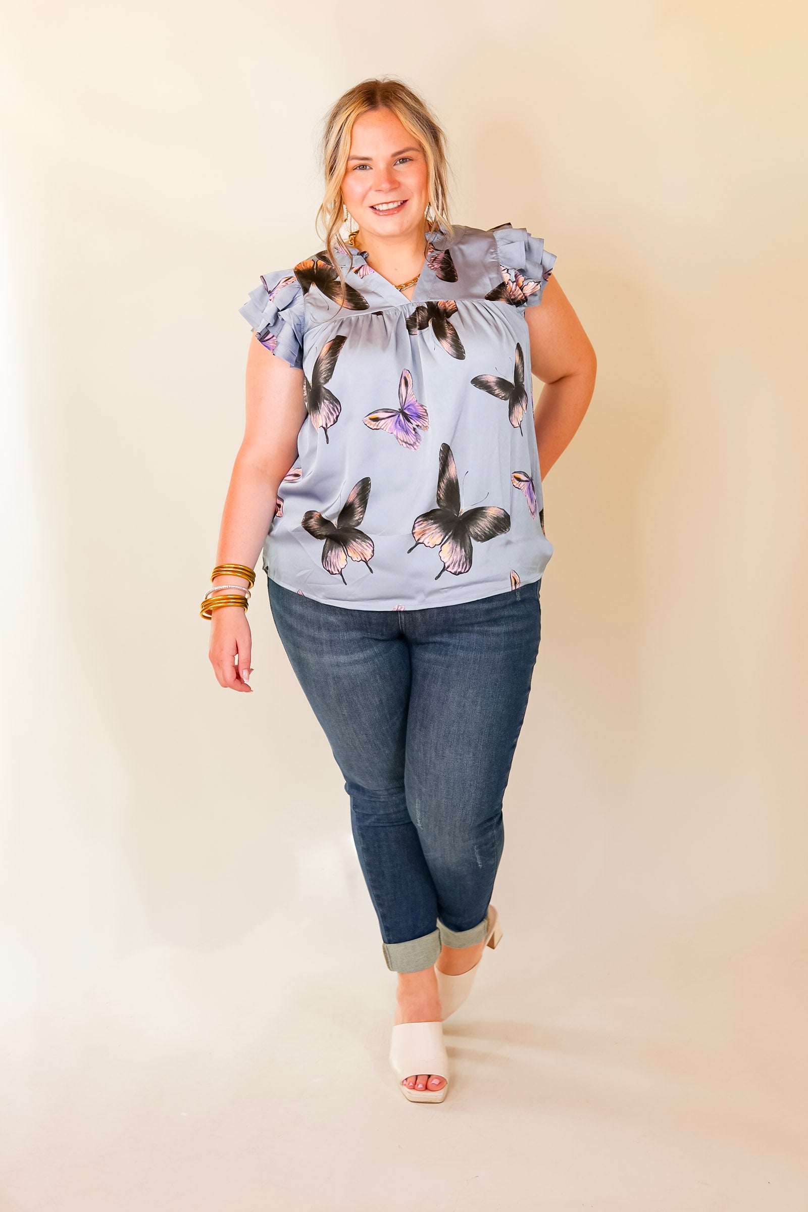 Butterfly Fly Away Top with Butterfly Print in Muted Blue - Giddy Up Glamour Boutique