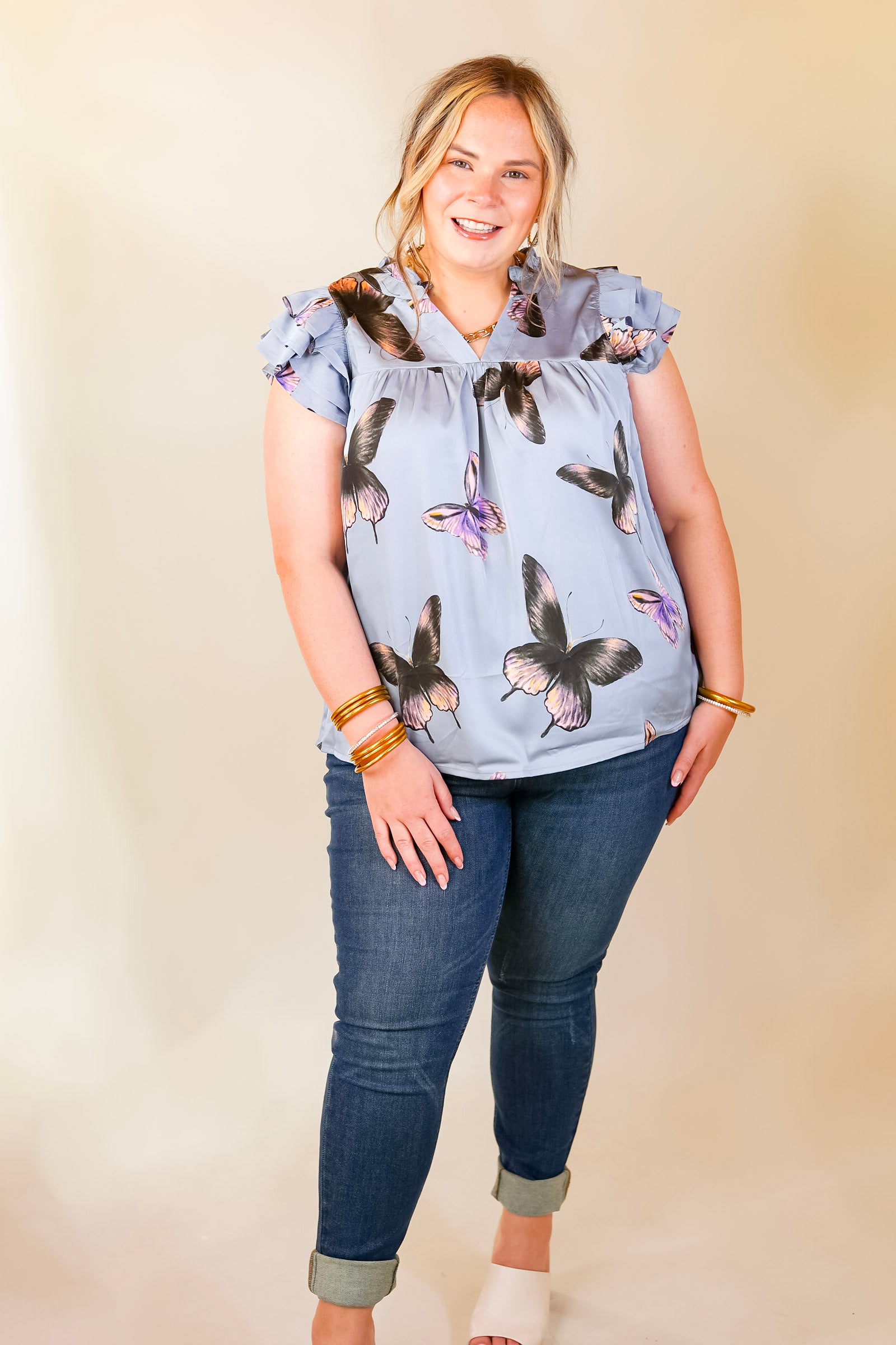 Butterfly Fly Away Top with Butterfly Print in Muted Blue - Giddy Up Glamour Boutique