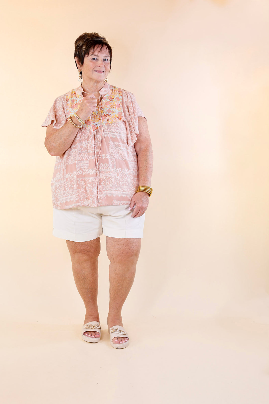 All I Want Floral Top with Keyhole and Tie Neckline in Dusty Pink