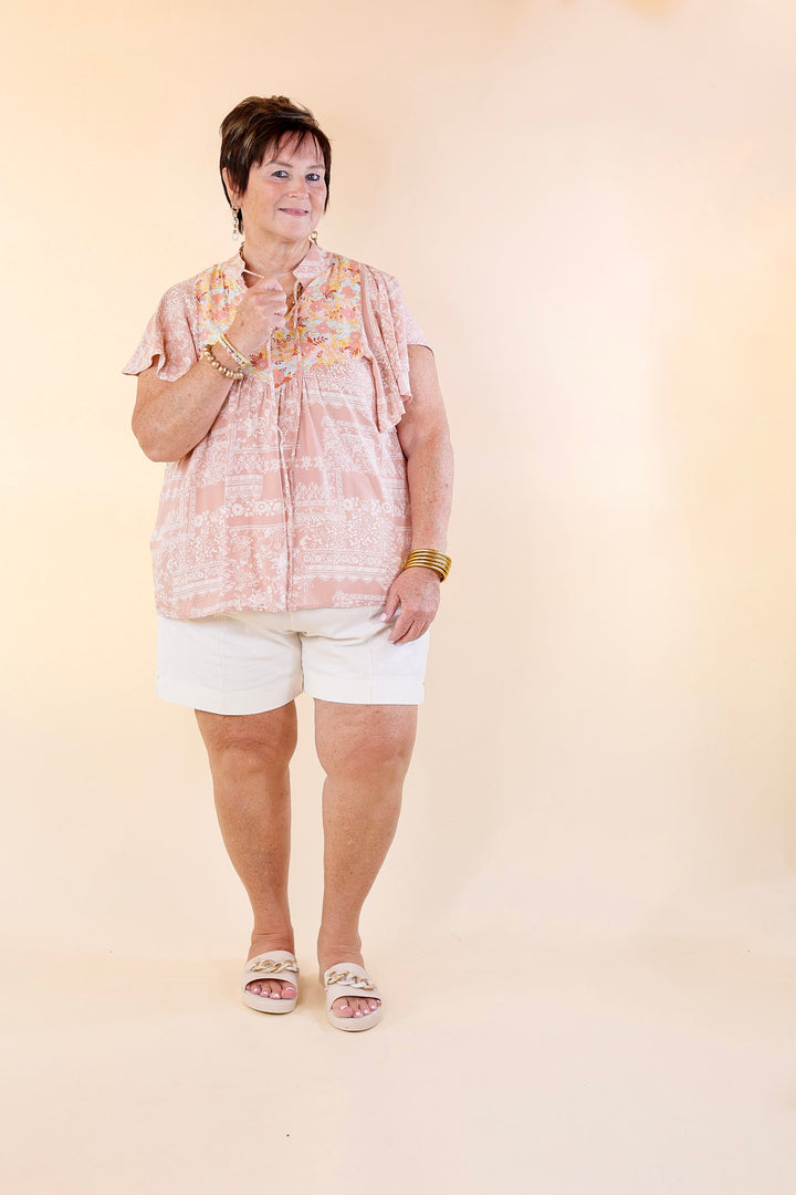 All I Want Floral Top with Keyhole and Tie Neckline in Dusty Pink