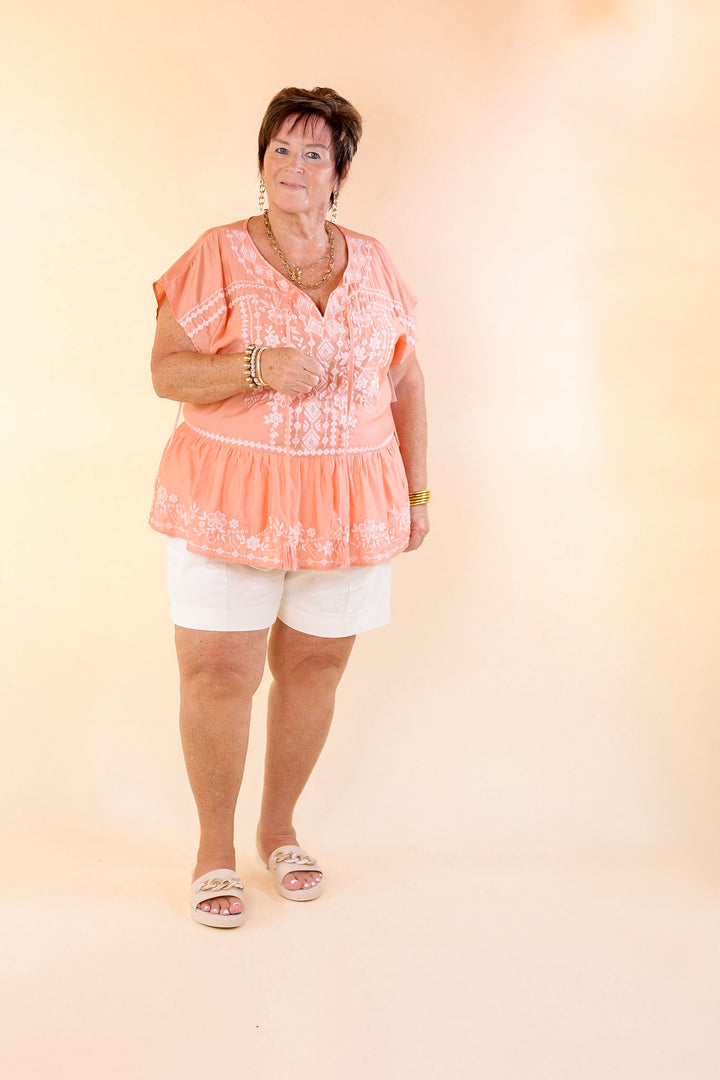 Craving Sunshine Embroidered Cap Sleeve Top with Keyhole in Light Coral Orange