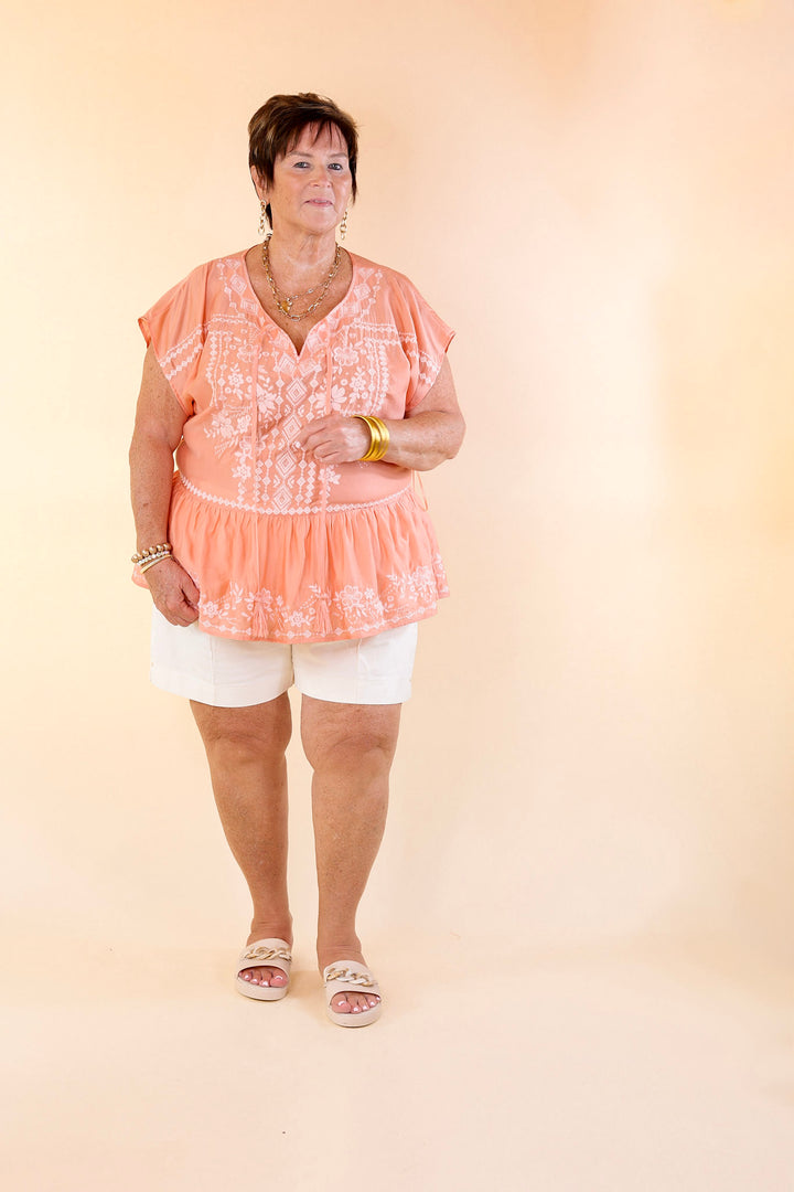 Craving Sunshine Embroidered Cap Sleeve Top with Keyhole in Light Coral Orange