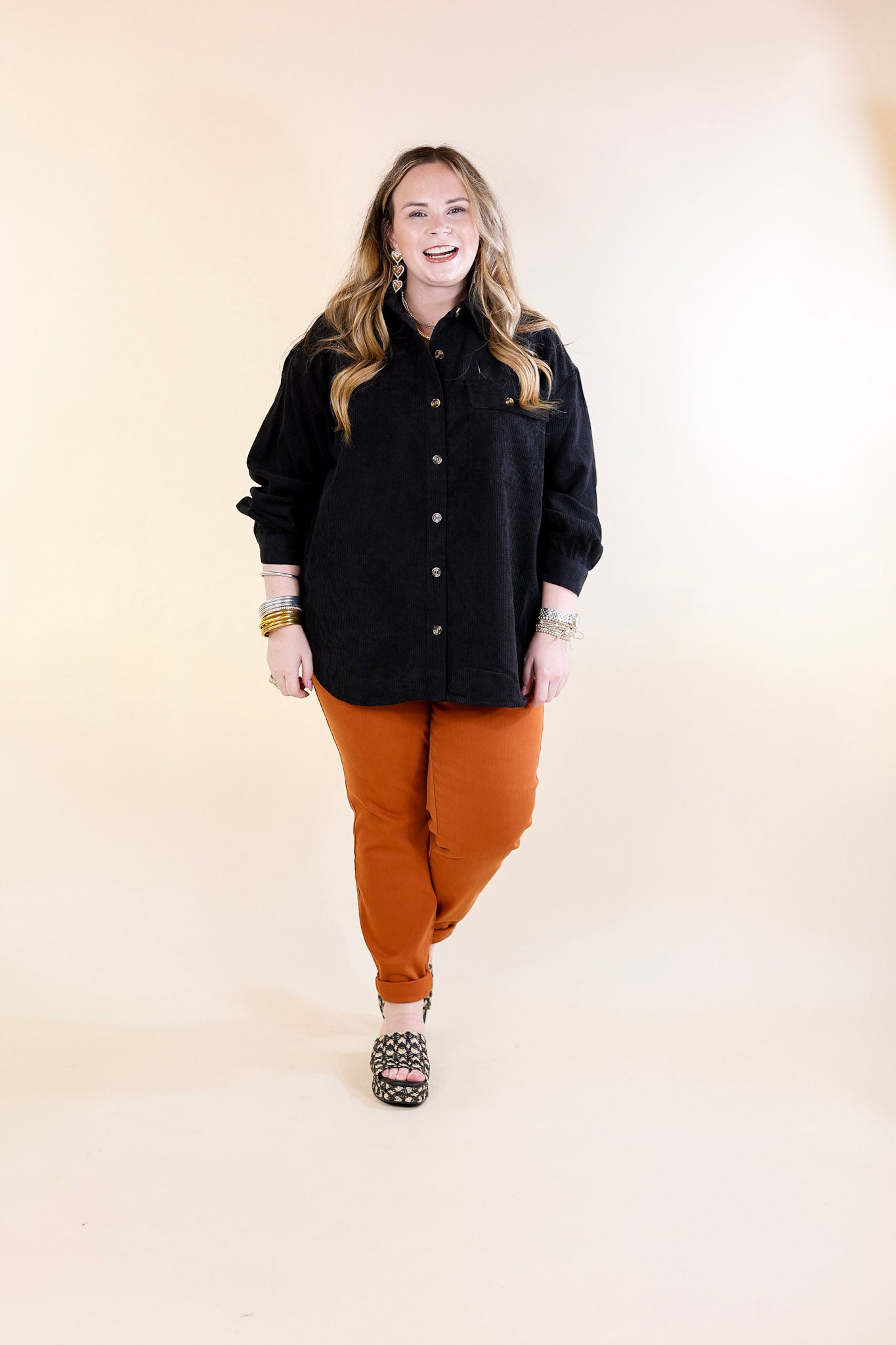 All Dolled Up Button Up Corduroy Shacket in Black