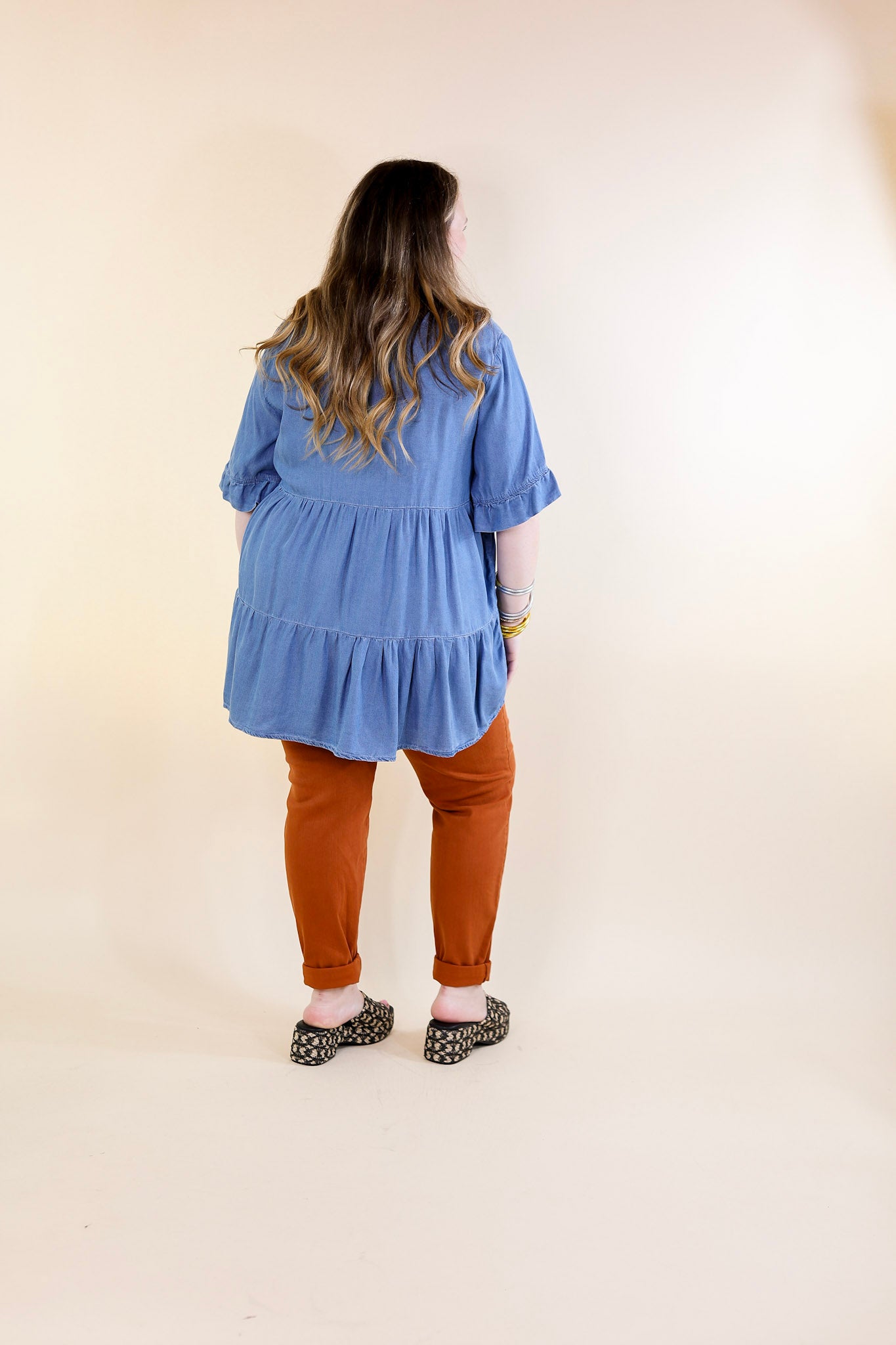 Path To Happiness Denim Tiered Top with Short Sleeves in Medium Wash