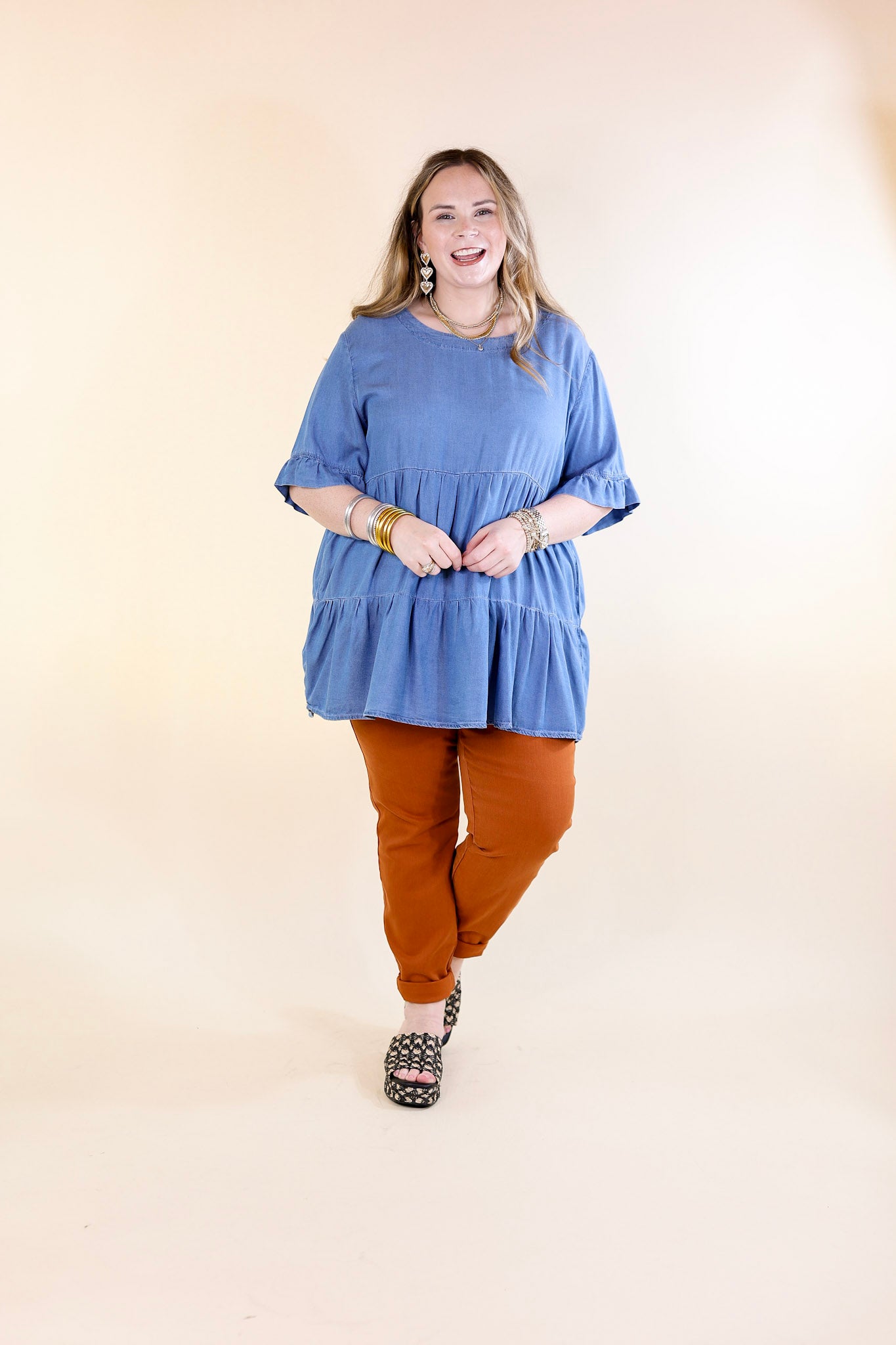 Path To Happiness Denim Tiered Top with Short Sleeves in Medium Wash