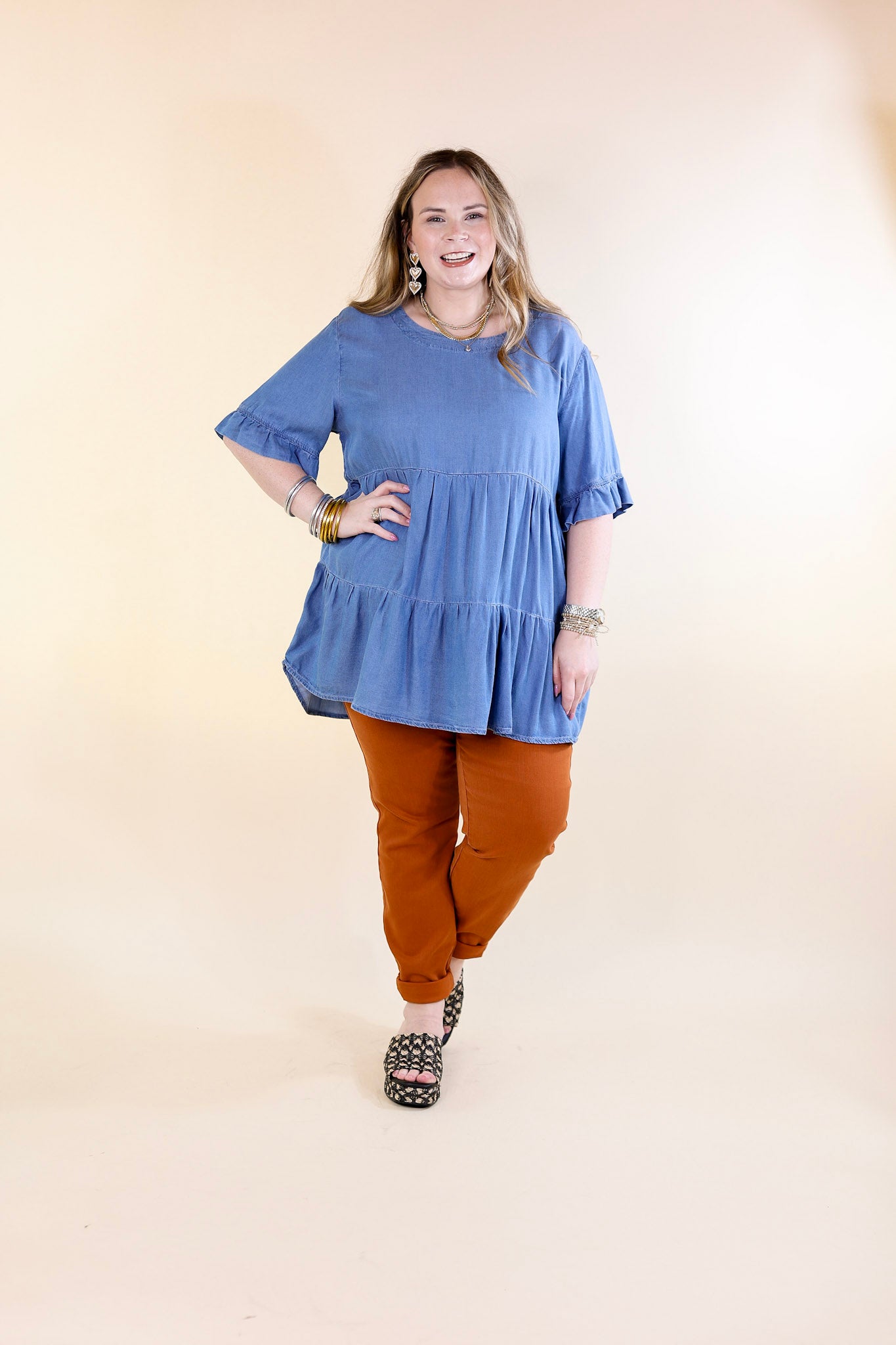 Path To Happiness Denim Tiered Top with Short Sleeves in Medium Wash