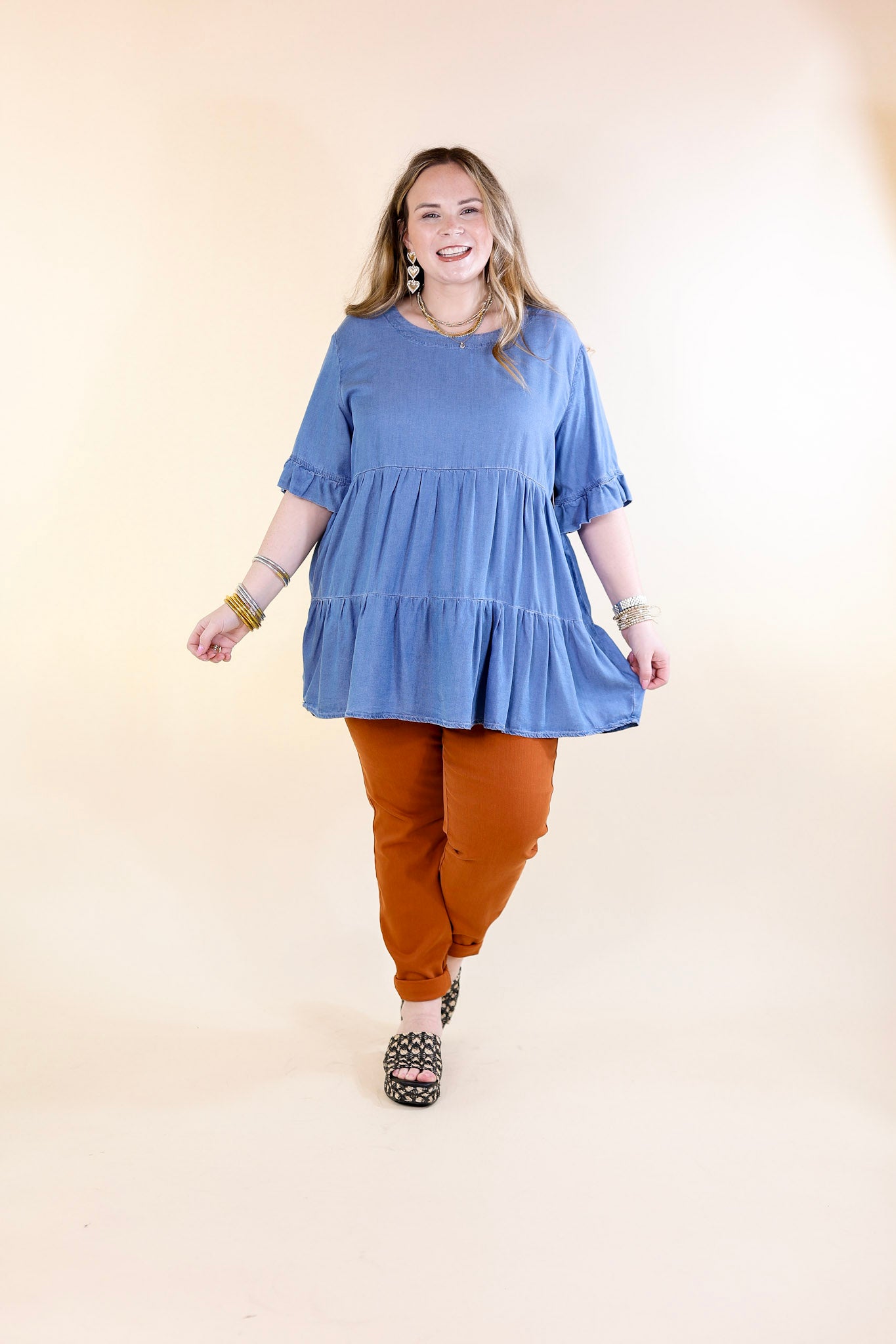 Path To Happiness Denim Tiered Top with Short Sleeves in Medium Wash