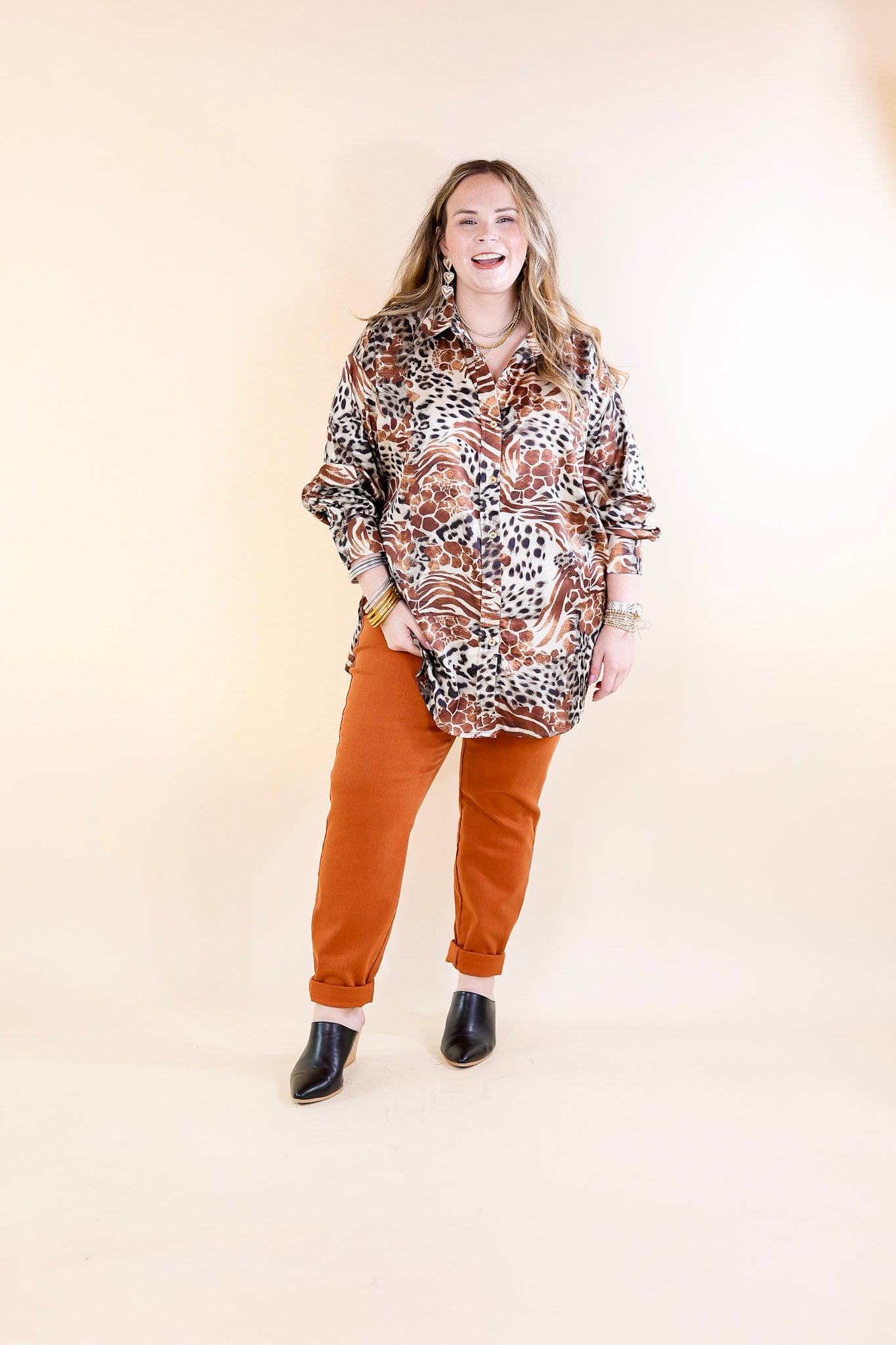 Tell Me Something Good Mixed Animal Print Long Sleeve Button Up Top in Brown