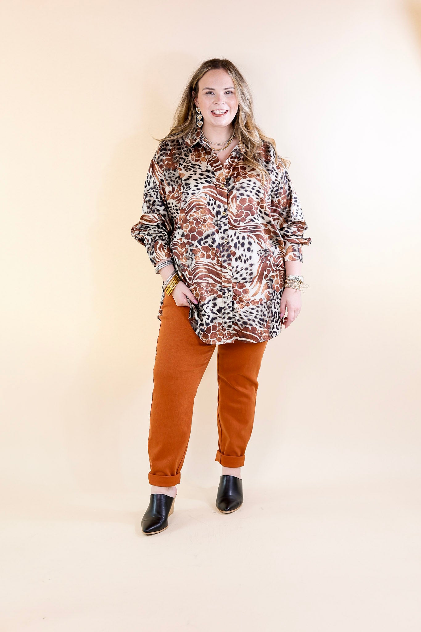 Tell Me Something Good Mixed Animal Print Long Sleeve Button Up Top in Brown