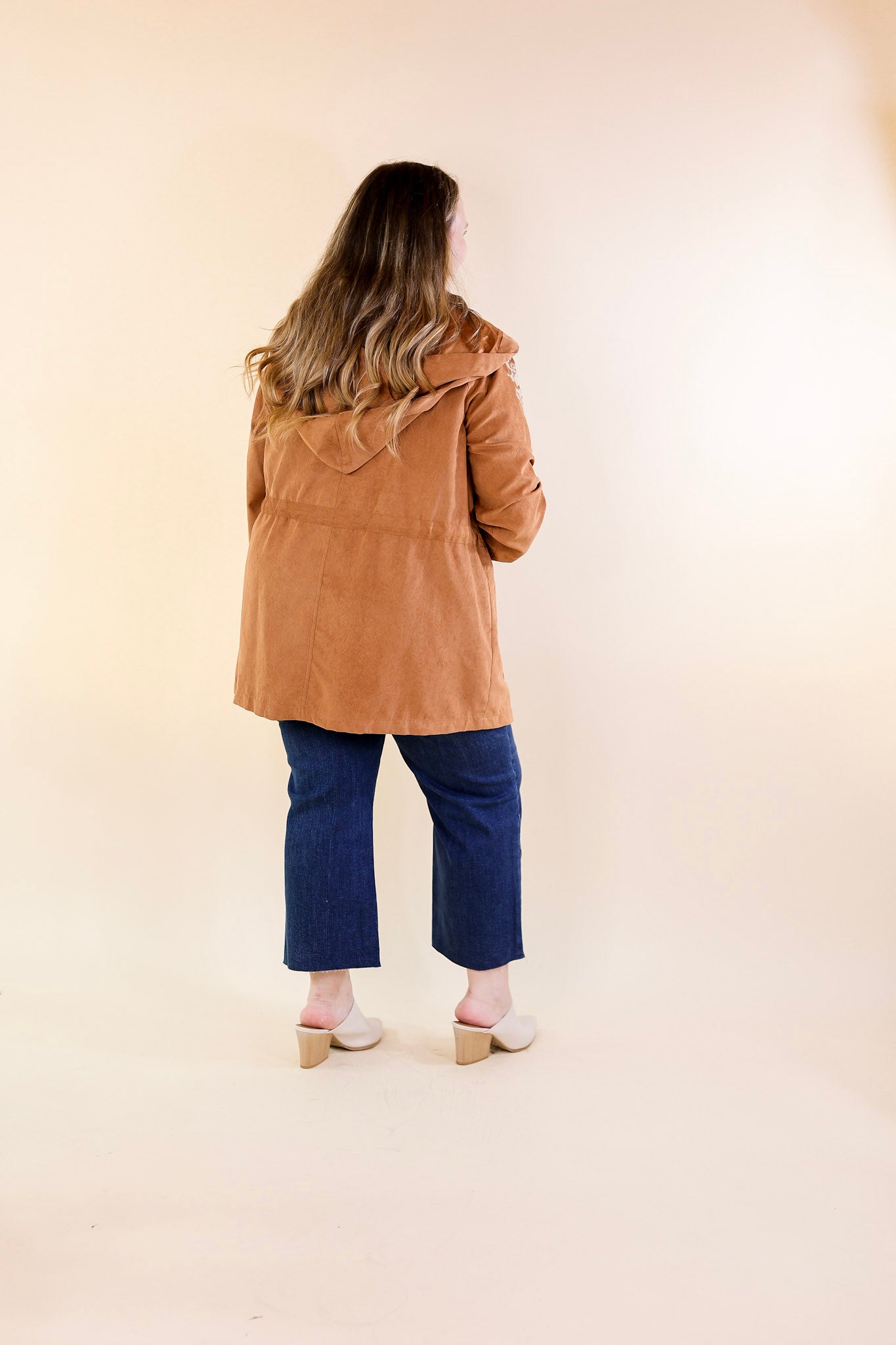 Fill Up Your Cup Embroidered Suede Utility Jacket in Tan