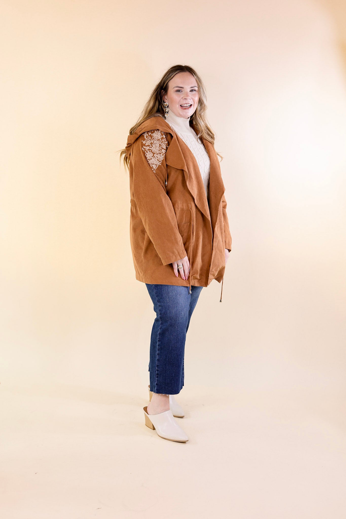 Fill Up Your Cup Embroidered Suede Utility Jacket in Tan