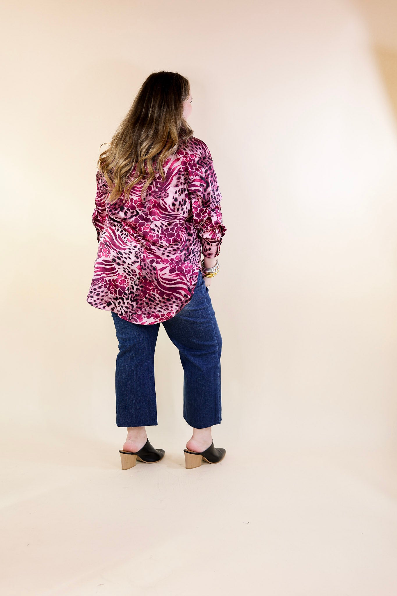 Tell Me Something Good Mixed Animal Print Long Sleeve Button Up Top in Magenta Purple