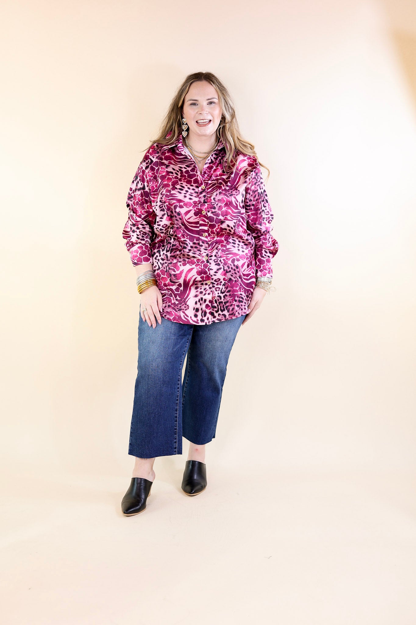 Tell Me Something Good Mixed Animal Print Long Sleeve Button Up Top in Magenta Purple