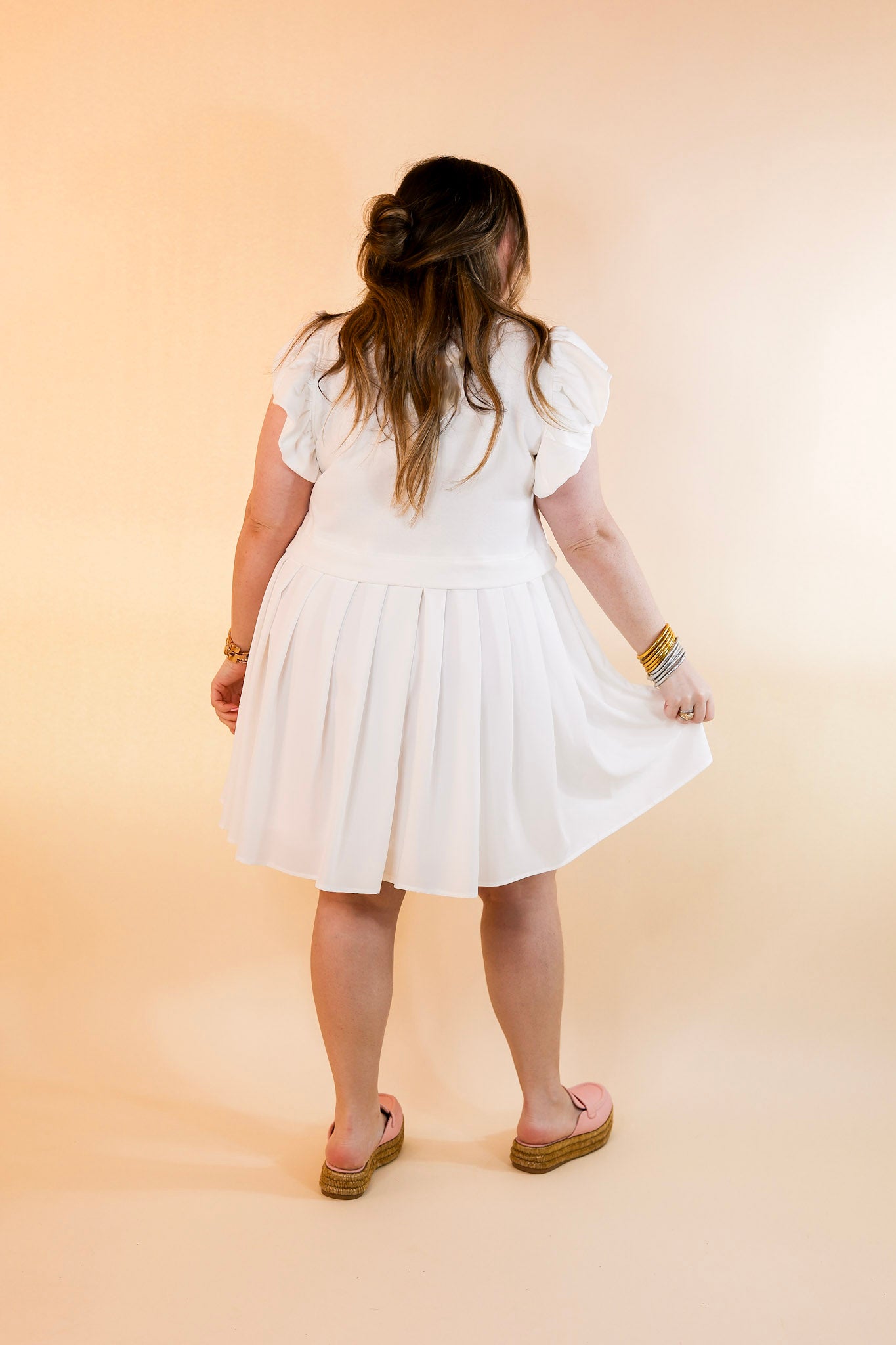 Simple Sophistication Solid Color Dress with Ruffle Cap Sleeves in Off White - Giddy Up Glamour Boutique