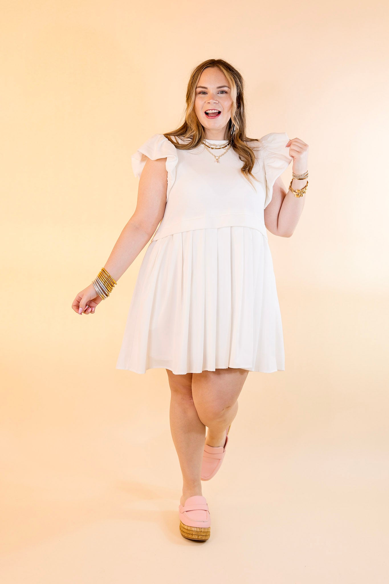 Simple Sophistication Solid Color Dress with Ruffle Cap Sleeves in Off White - Giddy Up Glamour Boutique